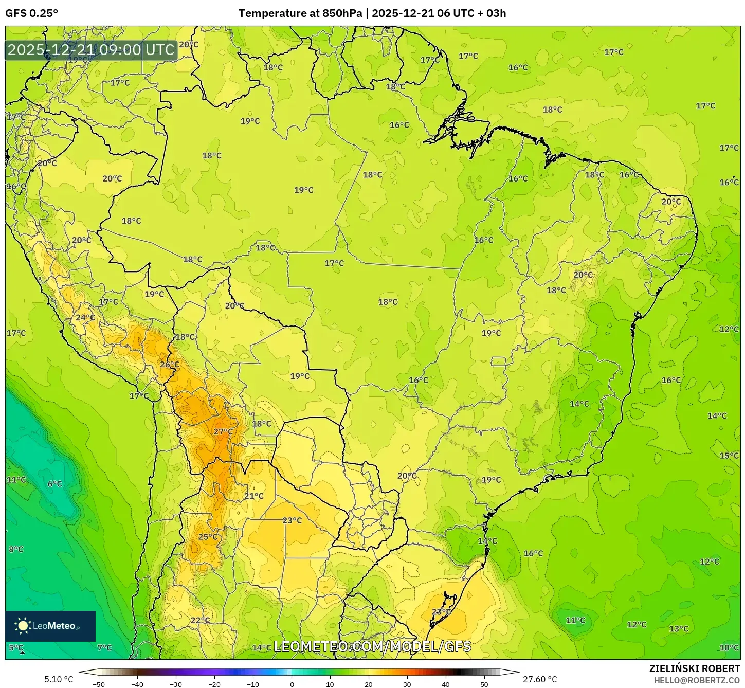 GFS model - Brazil, Temperature at 850hPa