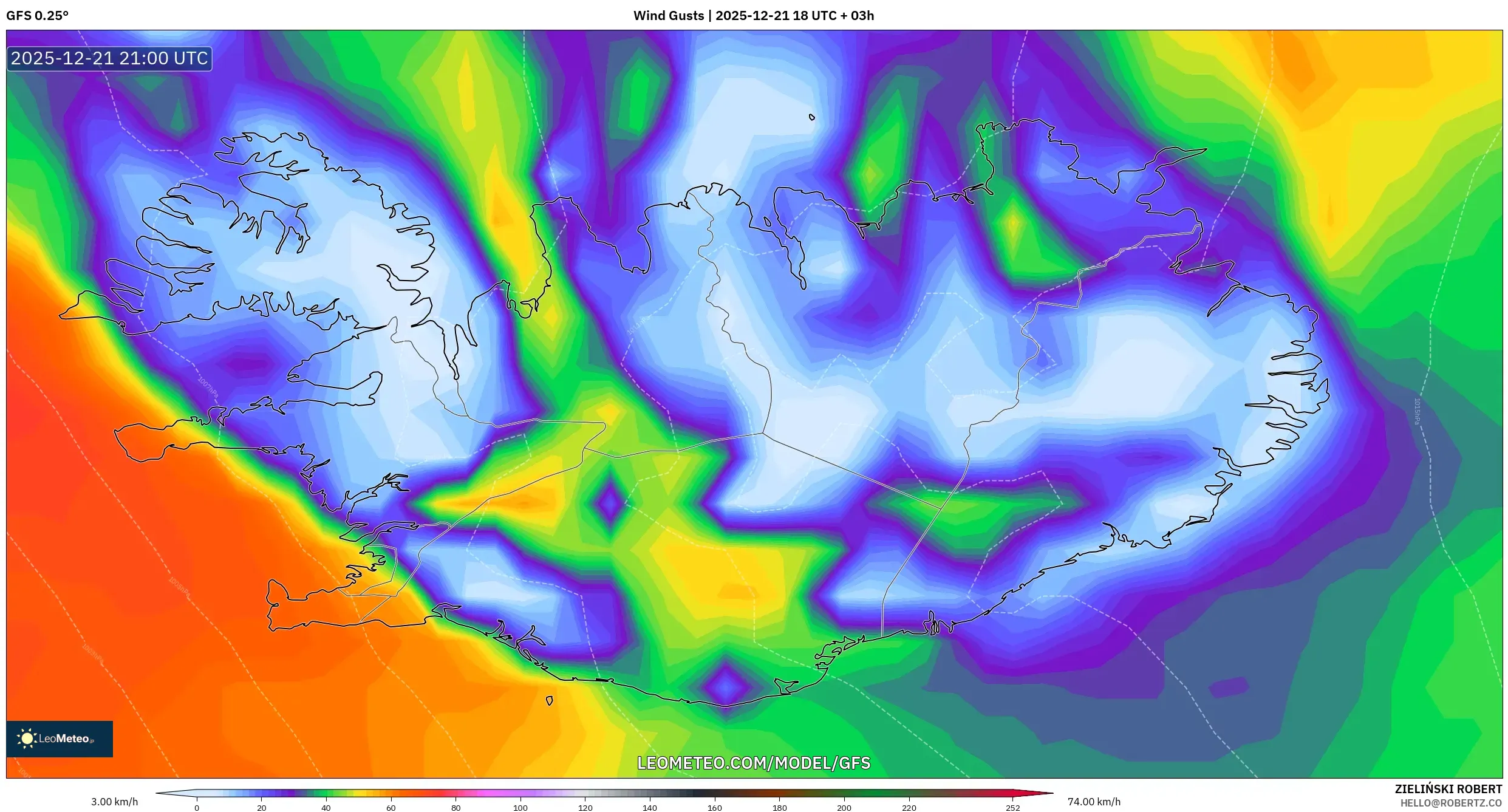 GFS model - Iceland, Wind Gusts
