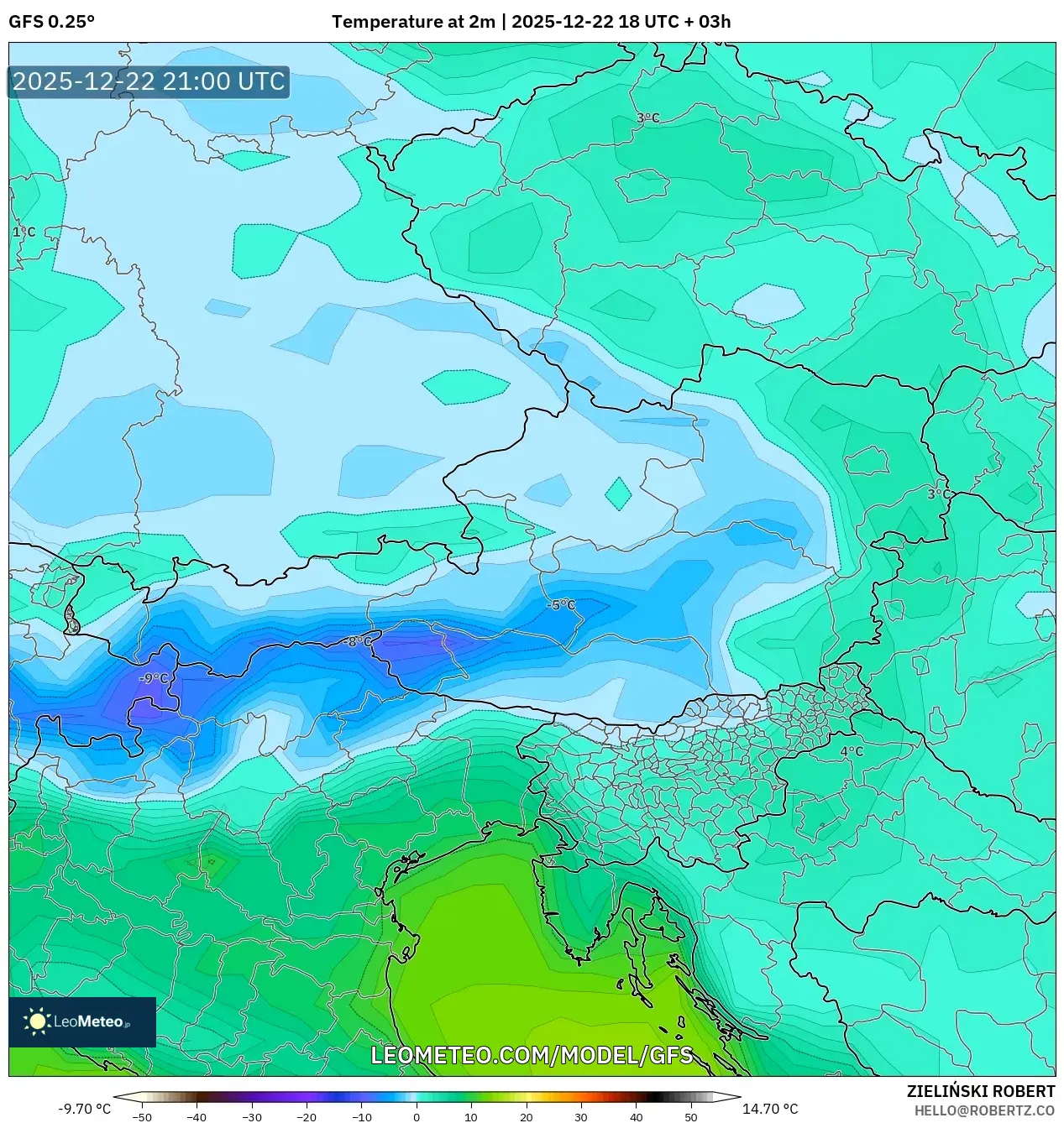 GFS model - Austria, Temperature at 2m