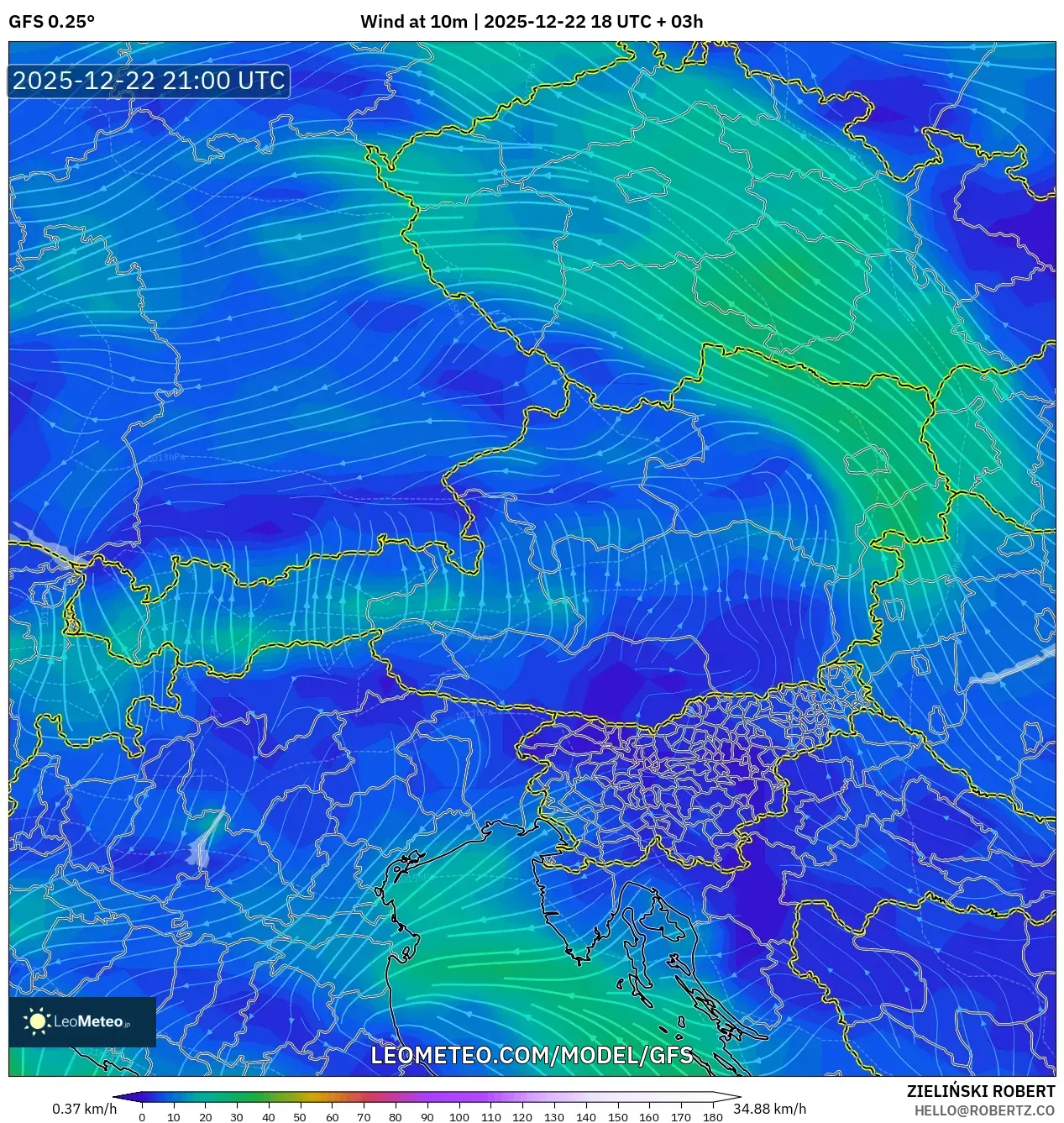 GFS model - Austria, Wind at 10m