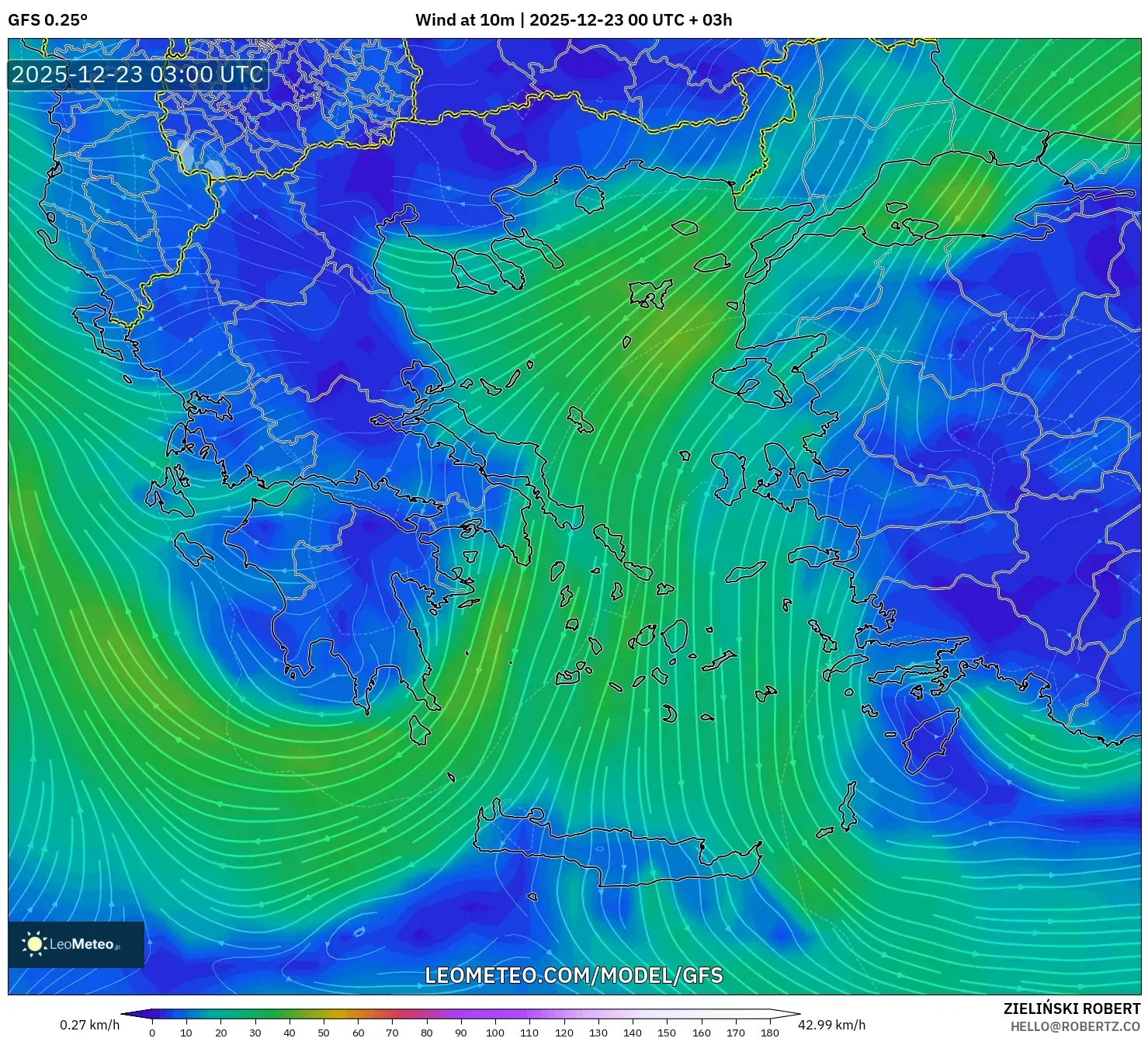 GFS model - Greece, Wind at 10m