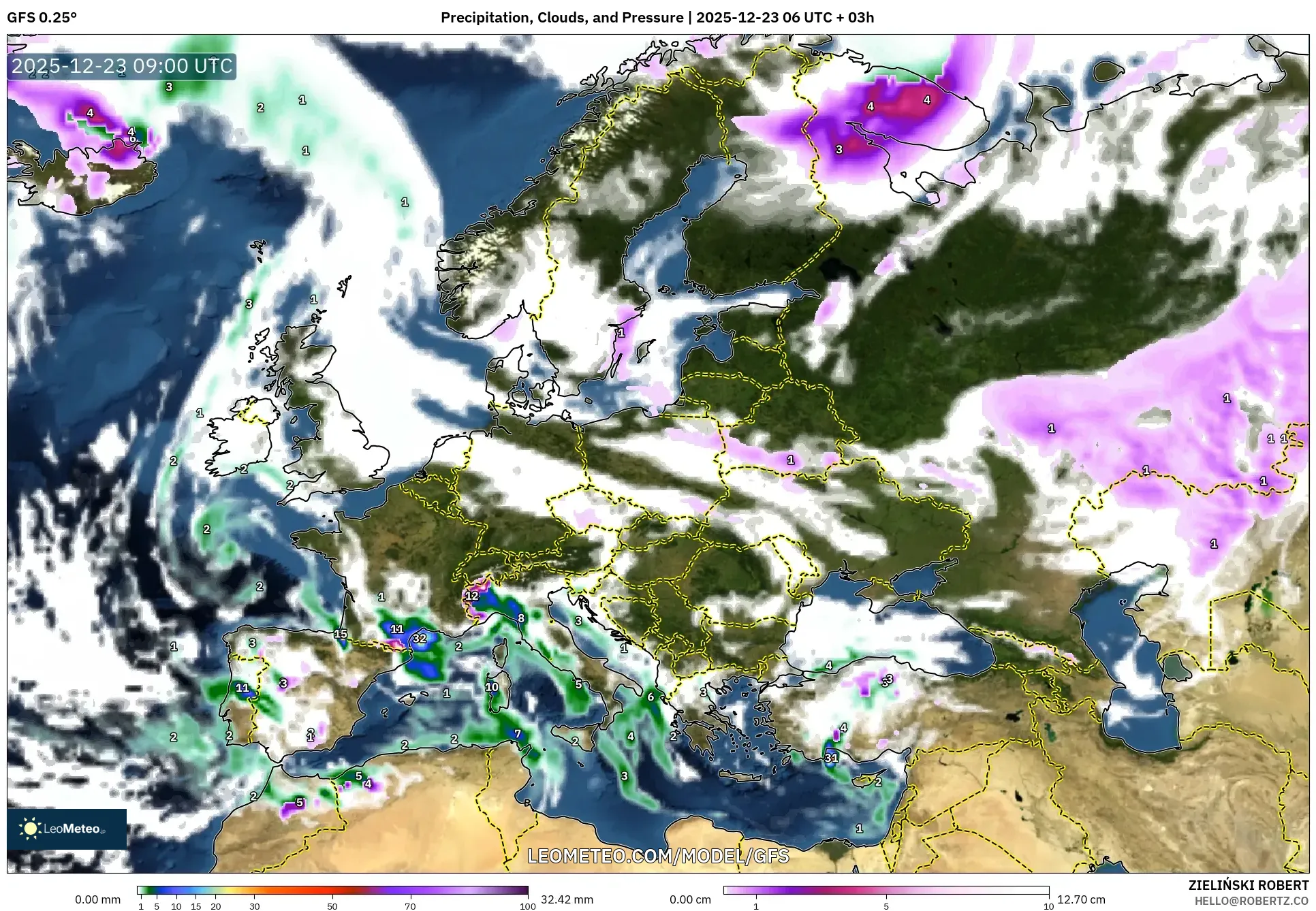 GFS model - Europe, Precipitation, Clouds, and Pressure