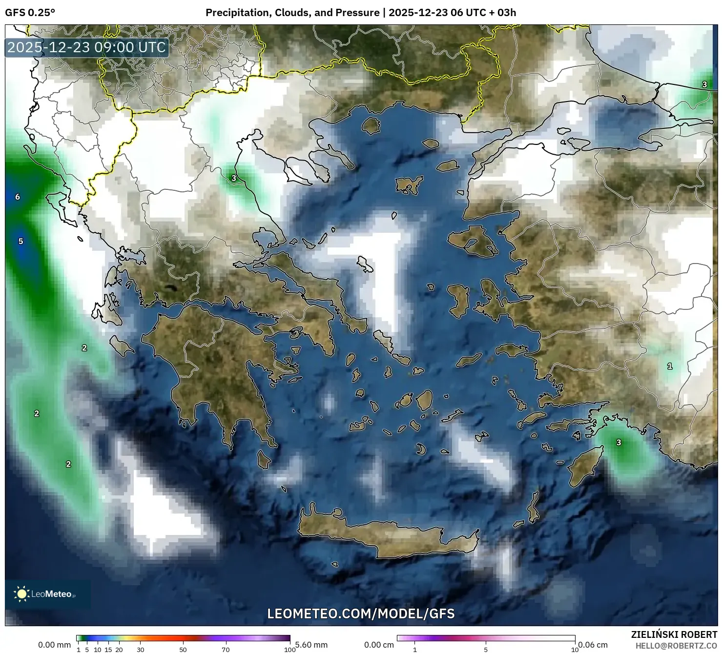 GFS model - Greece, Precipitation, Clouds, and Pressure