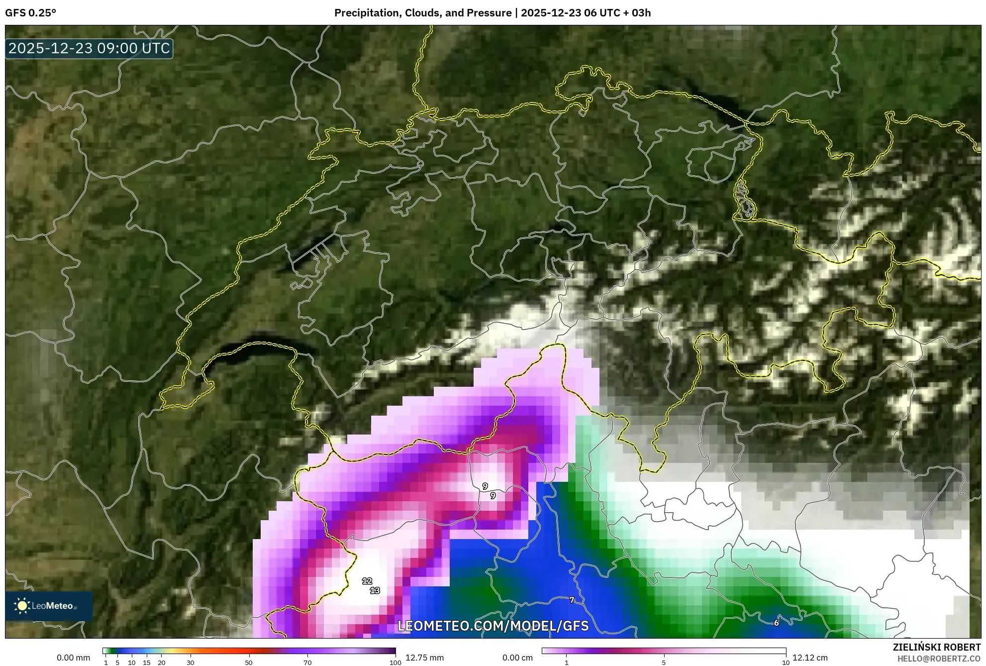 GFS model - Switzerland, Precipitation, Clouds, and Pressure