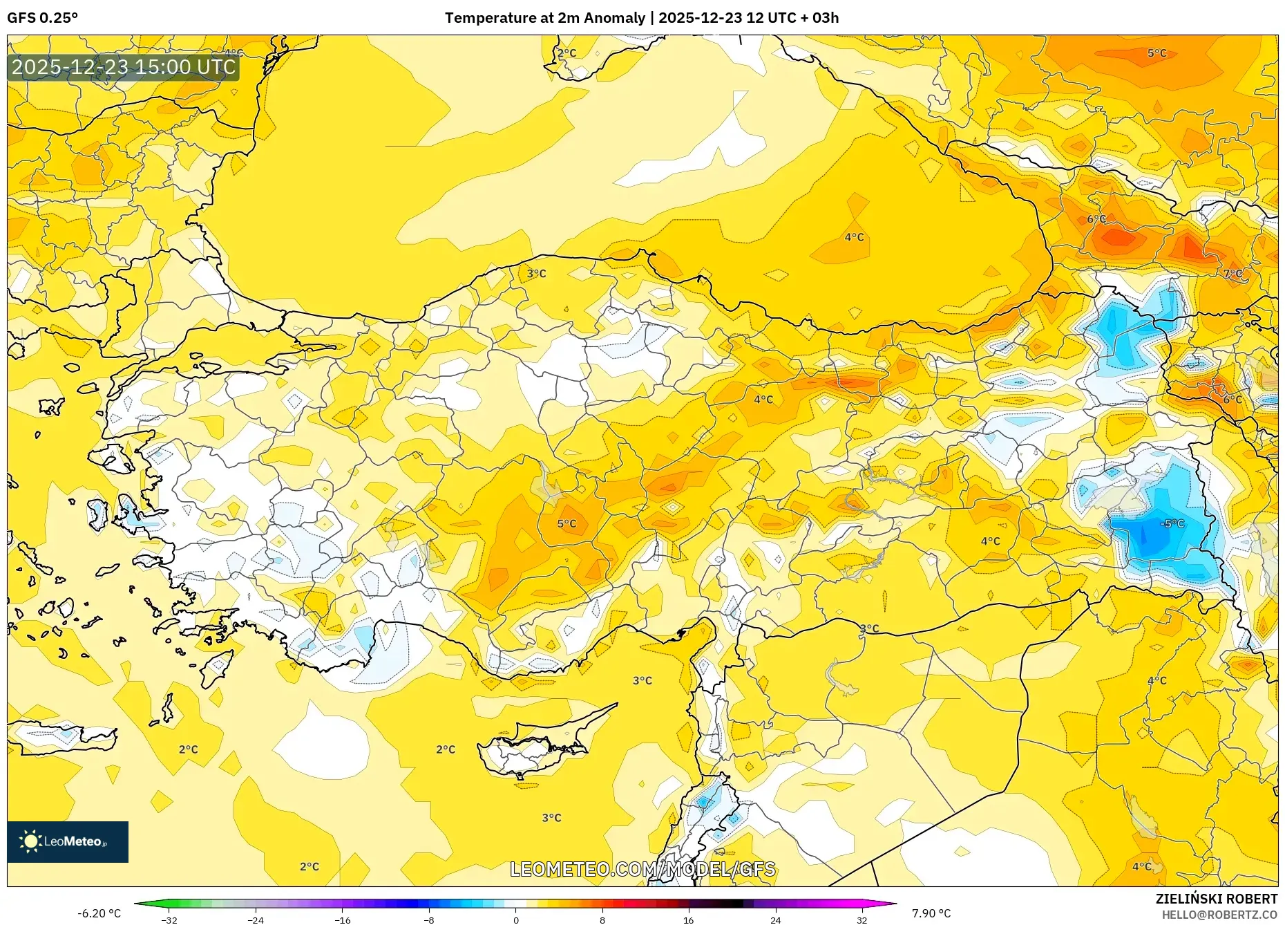 GFS model - Turkey, Temperature at 2m Anomaly