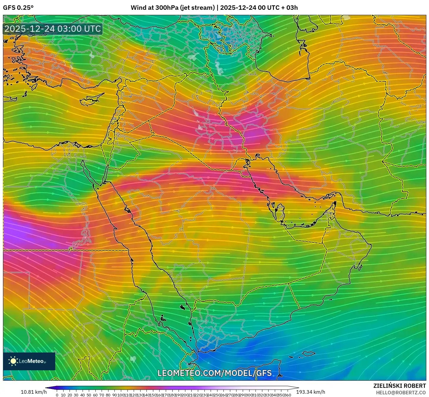 GFS model - Middle East, Wind at 300hPa (jet stream)