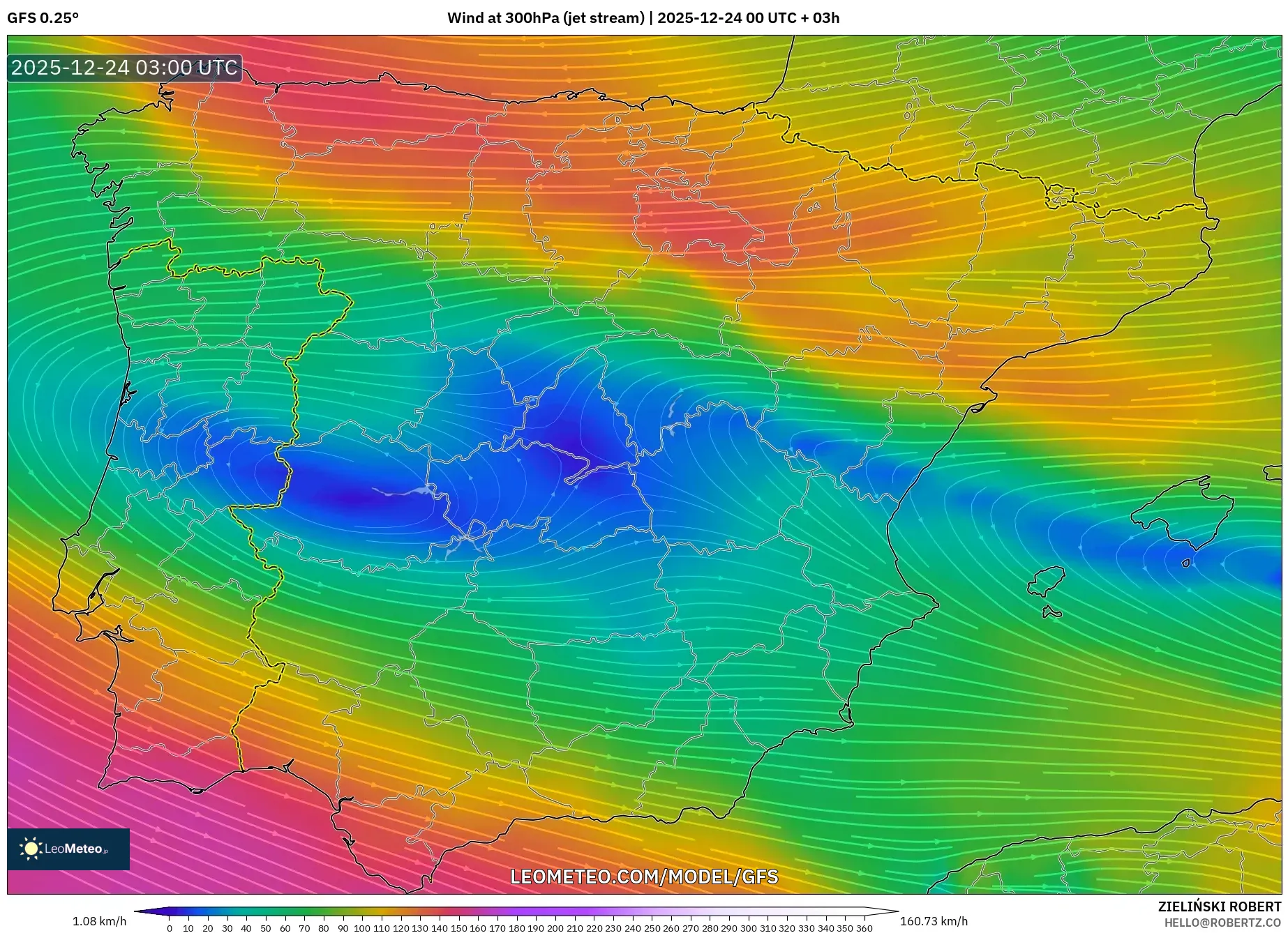 GFS model - Spain, Wind at 300hPa (jet stream)