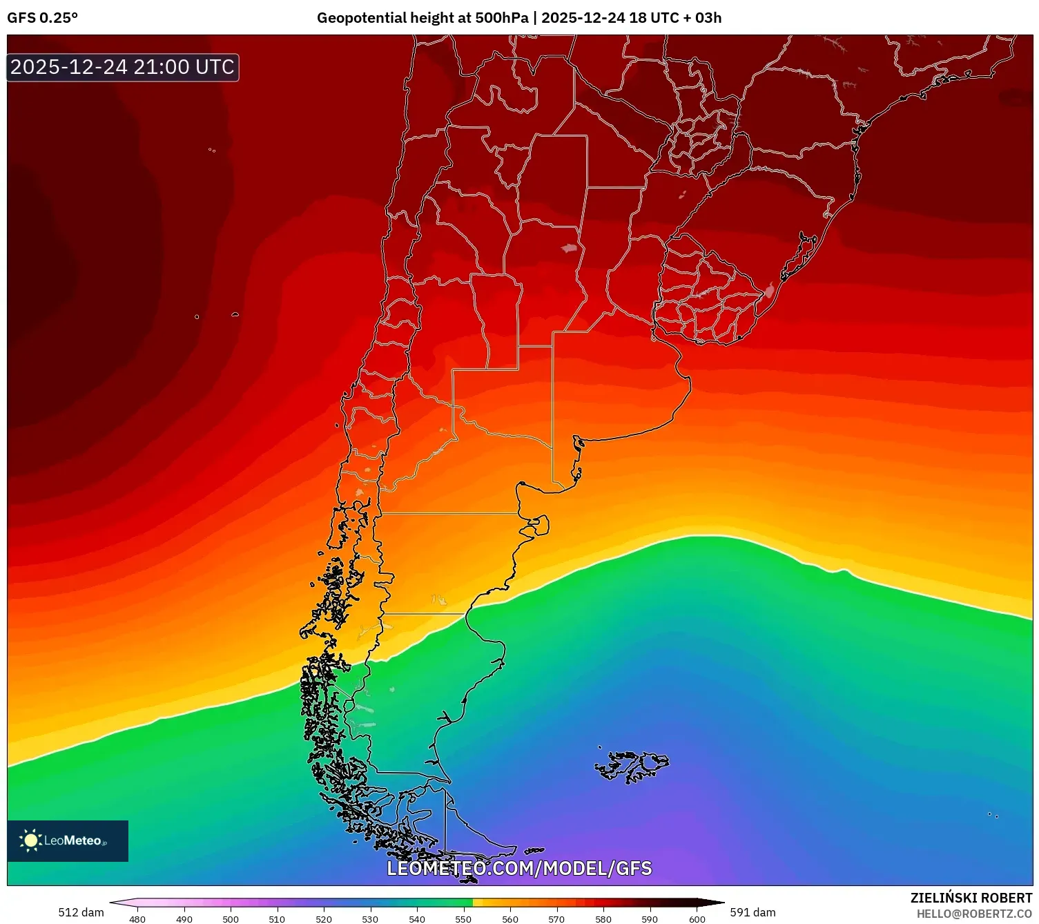 GFS model - Argentina, Geopotential height at 500hPa