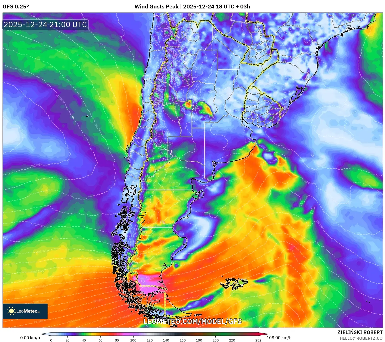 GFS model - Argentina, Wind Gusts Peak