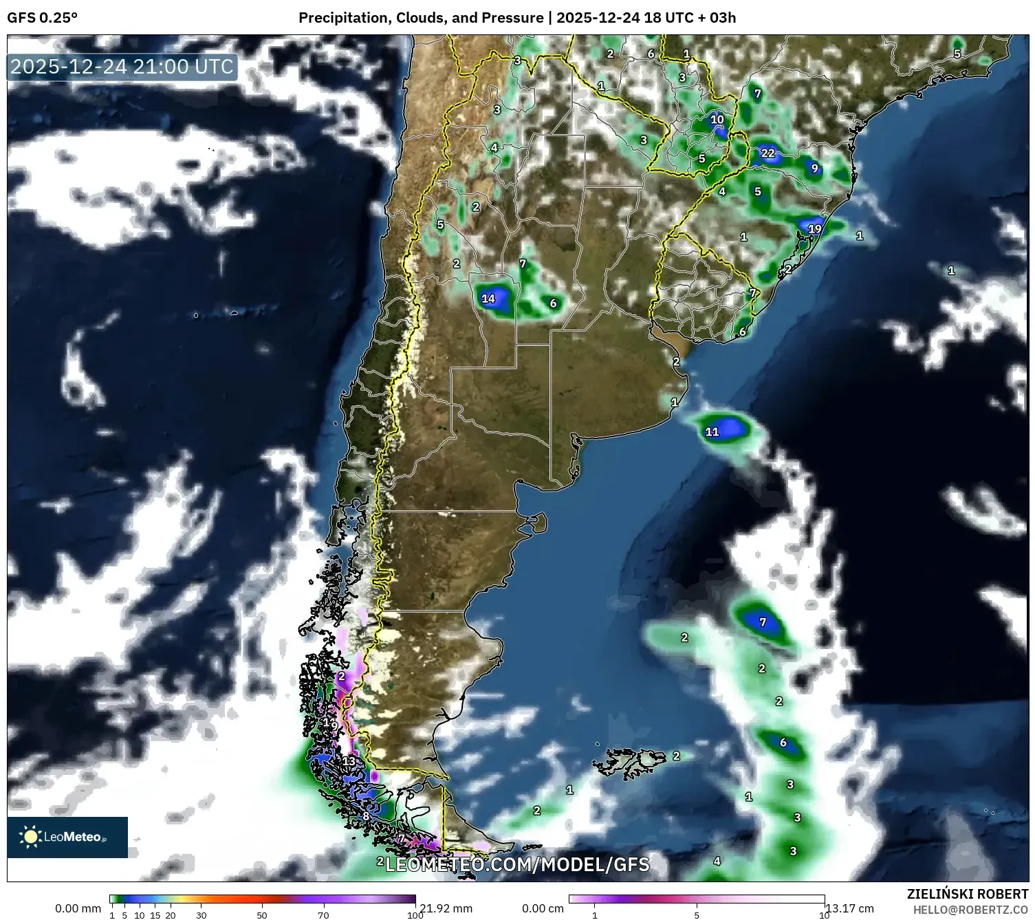 GFS model - Argentina, Precipitation, Clouds, and Pressure