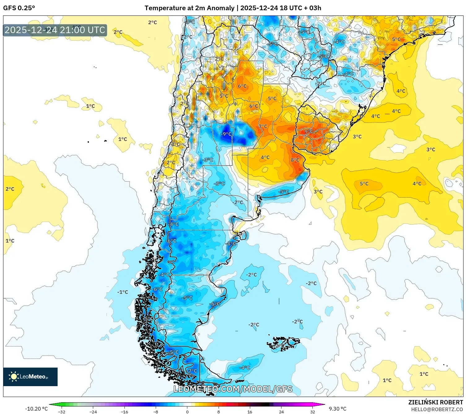 GFS model - Argentina, Temperature at 2m Anomaly