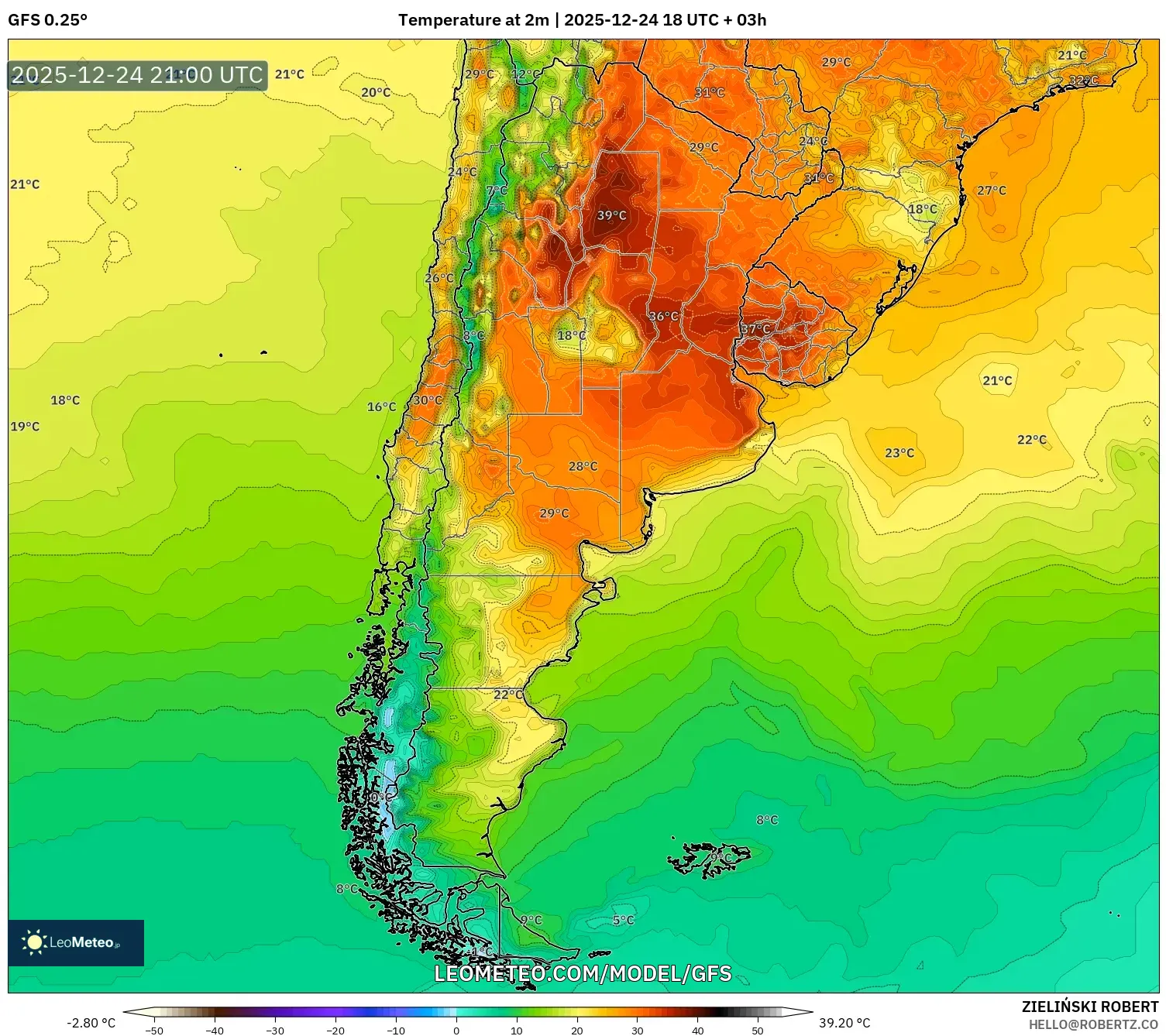 GFS model - Argentina, Temperature at 2m