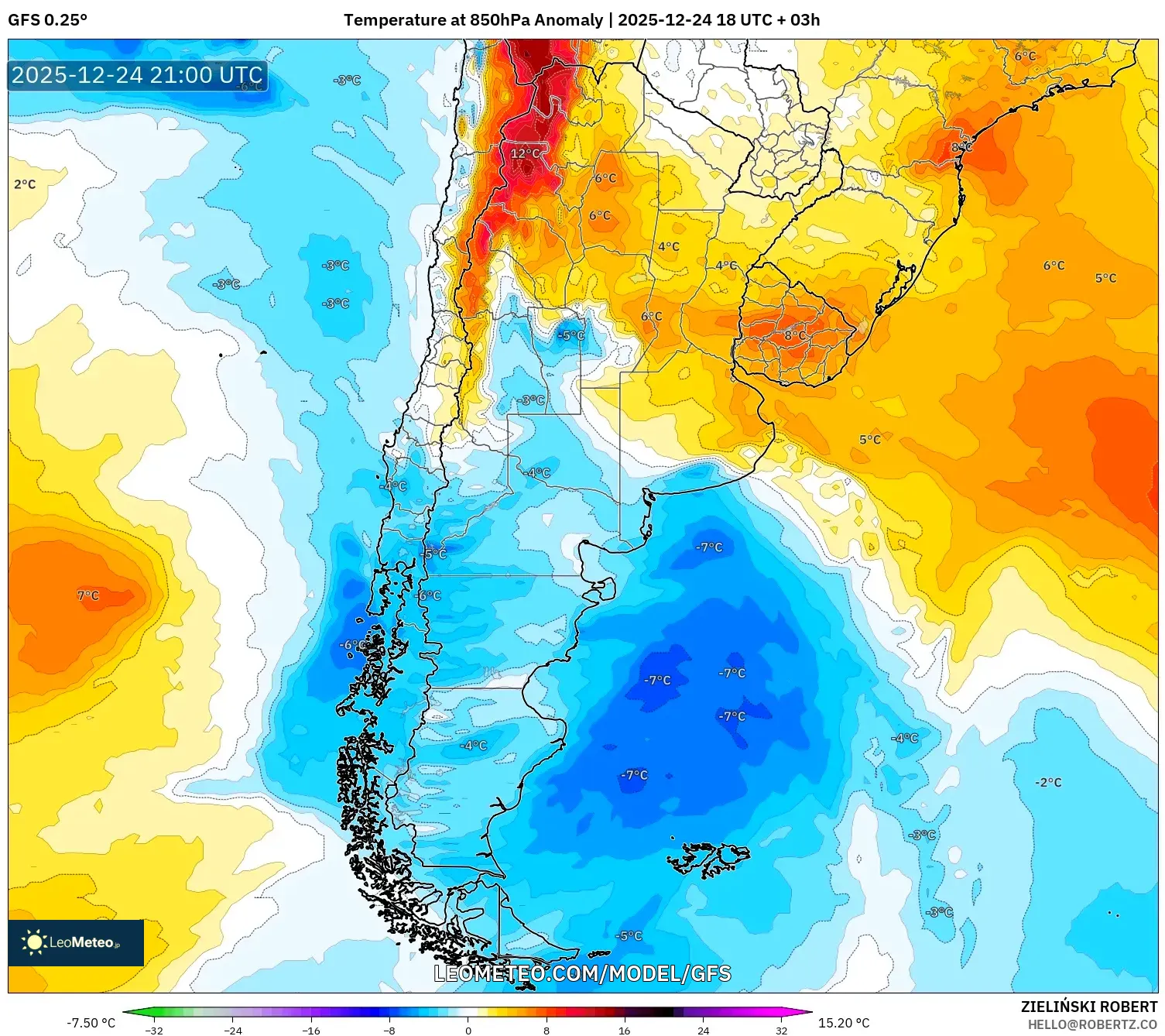 GFS model - Argentina, Temperature at 850hPa Anomaly