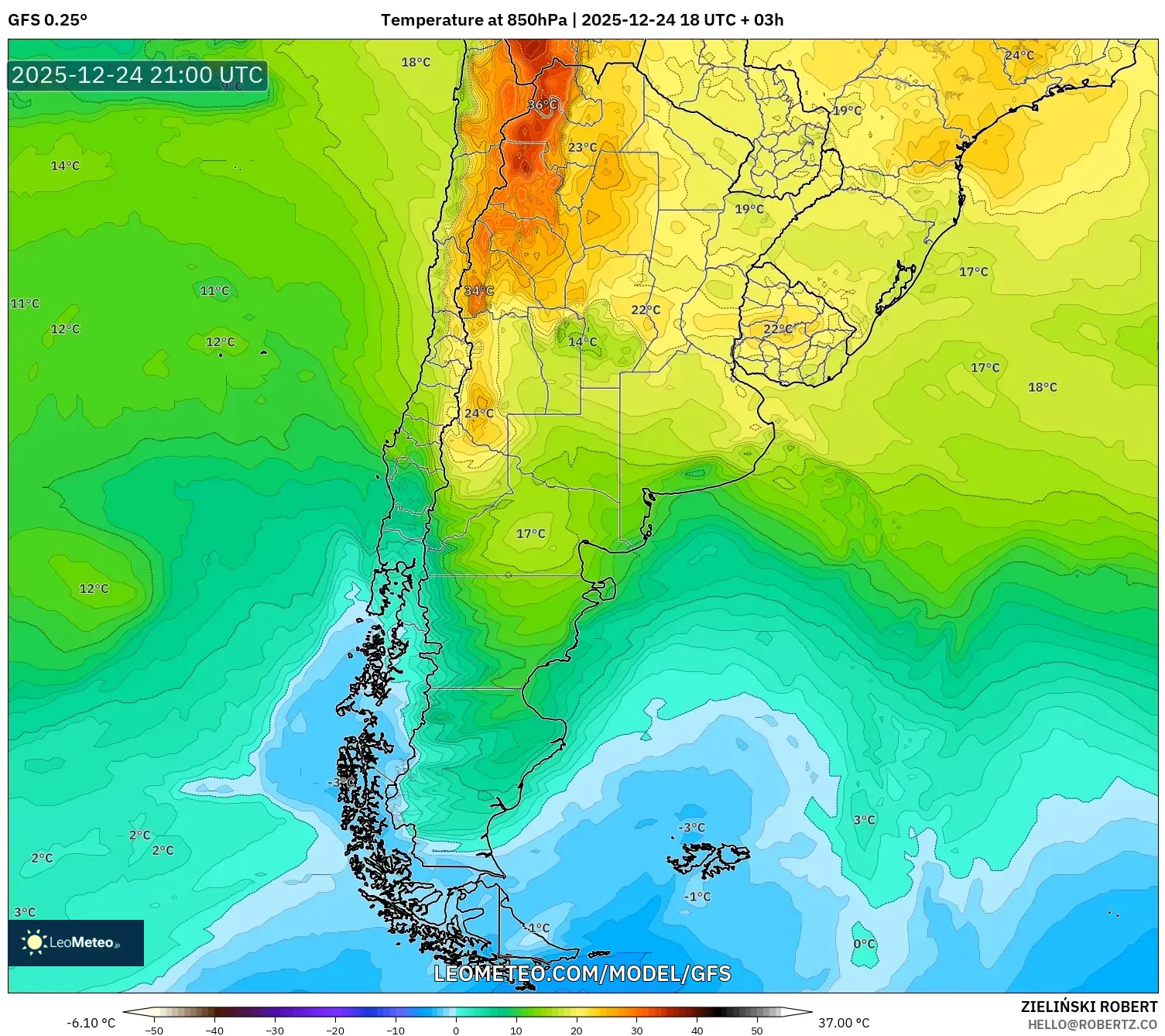 GFS model - Argentina, Temperature at 850hPa