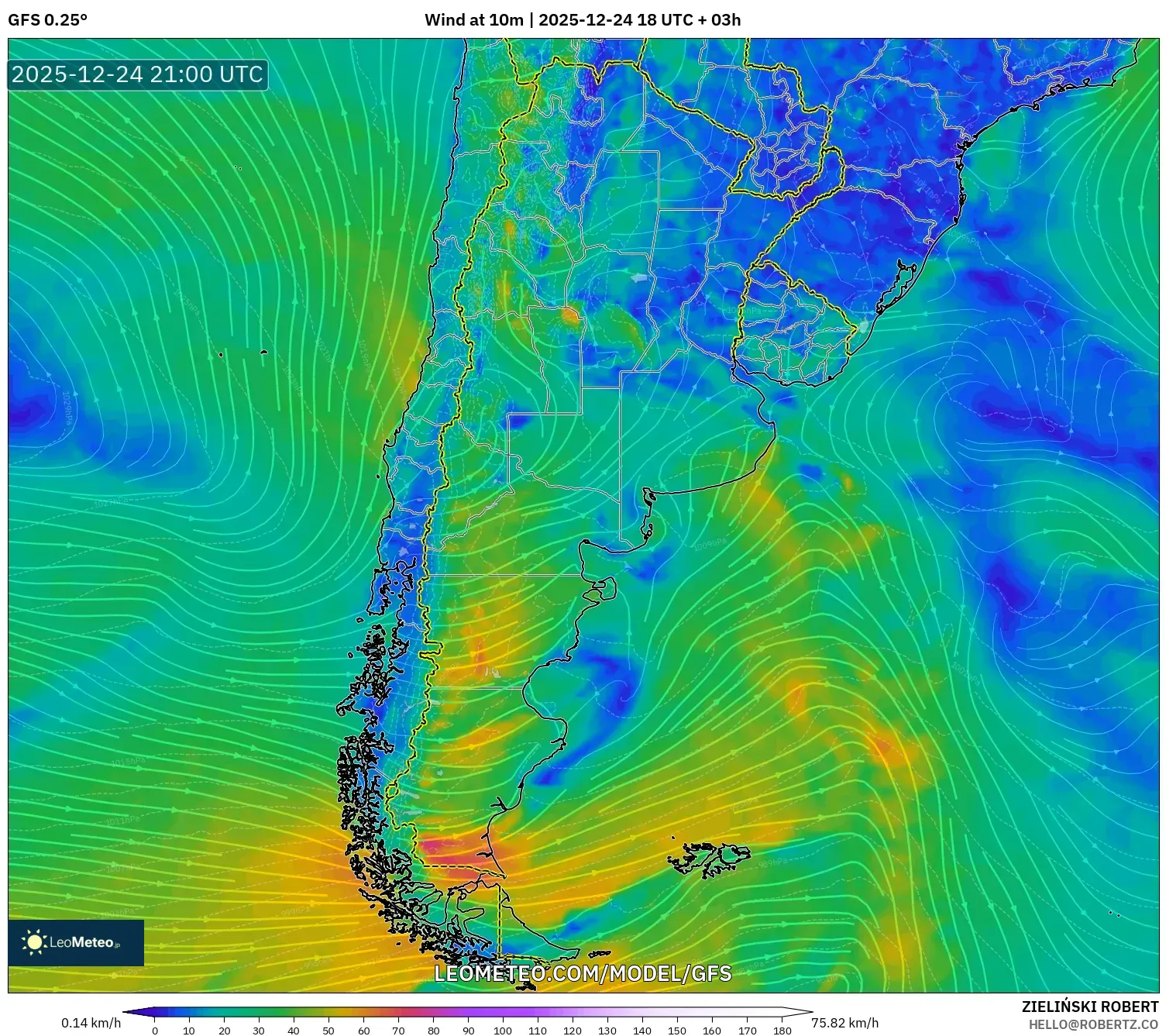 GFS model - Argentina, Wind at 10m