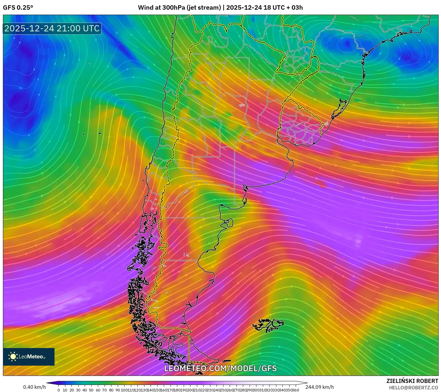 GFS model - Argentina, Wind at 300hPa (jet stream)