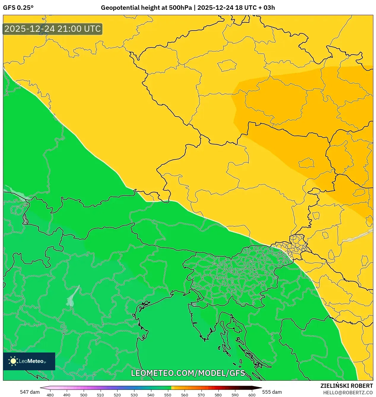 GFS model - Austria, Geopotential height at 500hPa