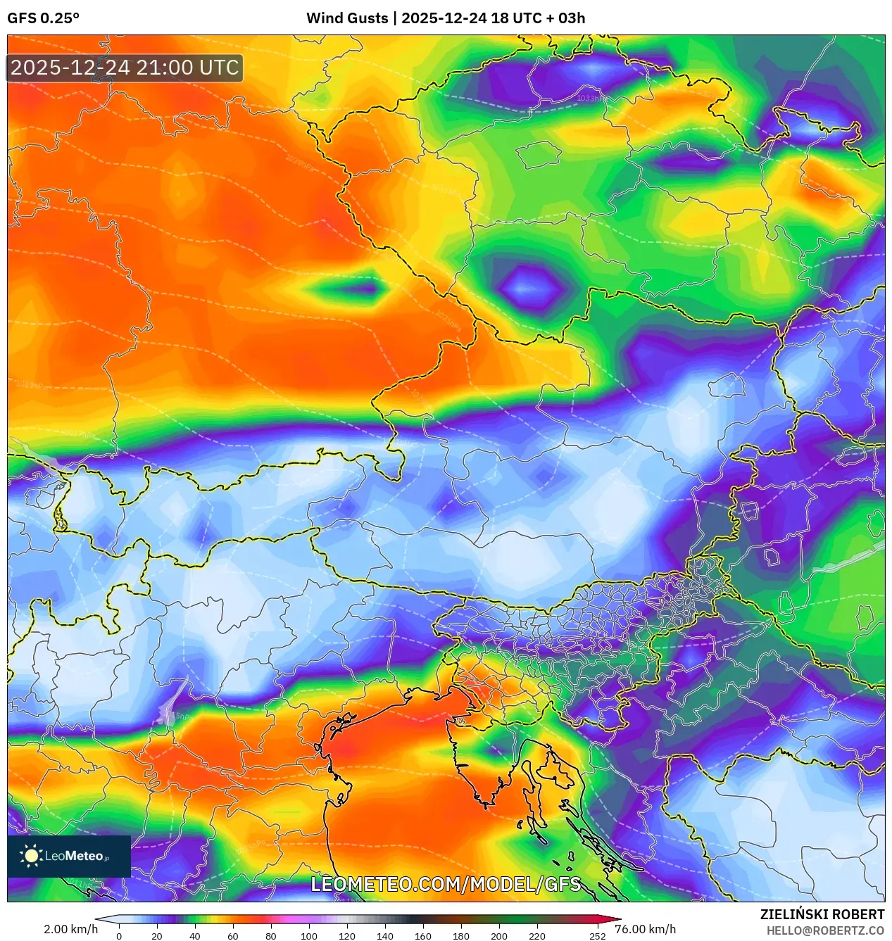 GFS model - Austria, Wind Gusts