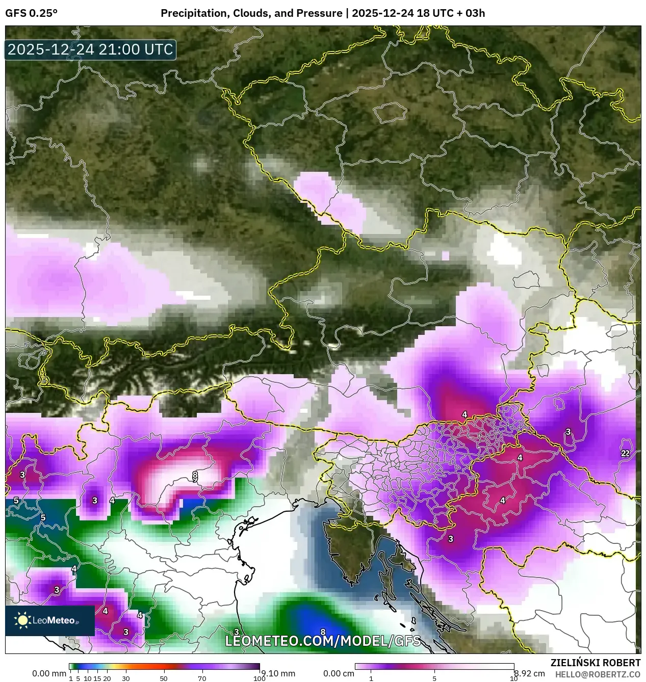 GFS model - Austria, Precipitation, Clouds, and Pressure