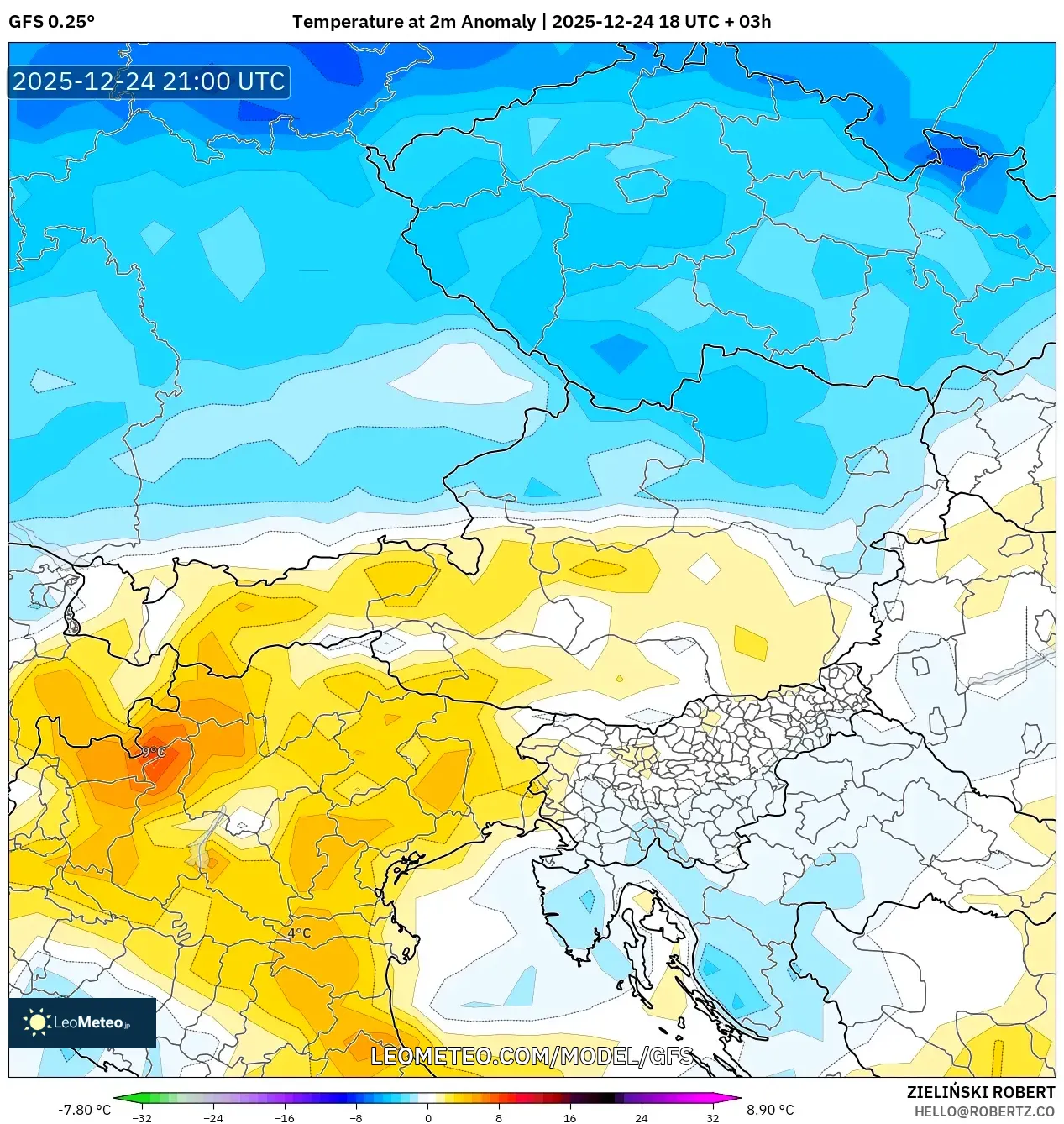 GFS model - Austria, Temperature at 2m Anomaly