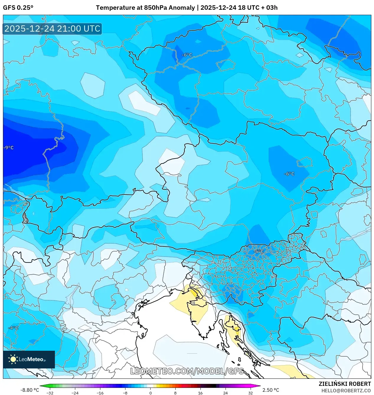 GFS model - Austria, Temperature at 850hPa Anomaly