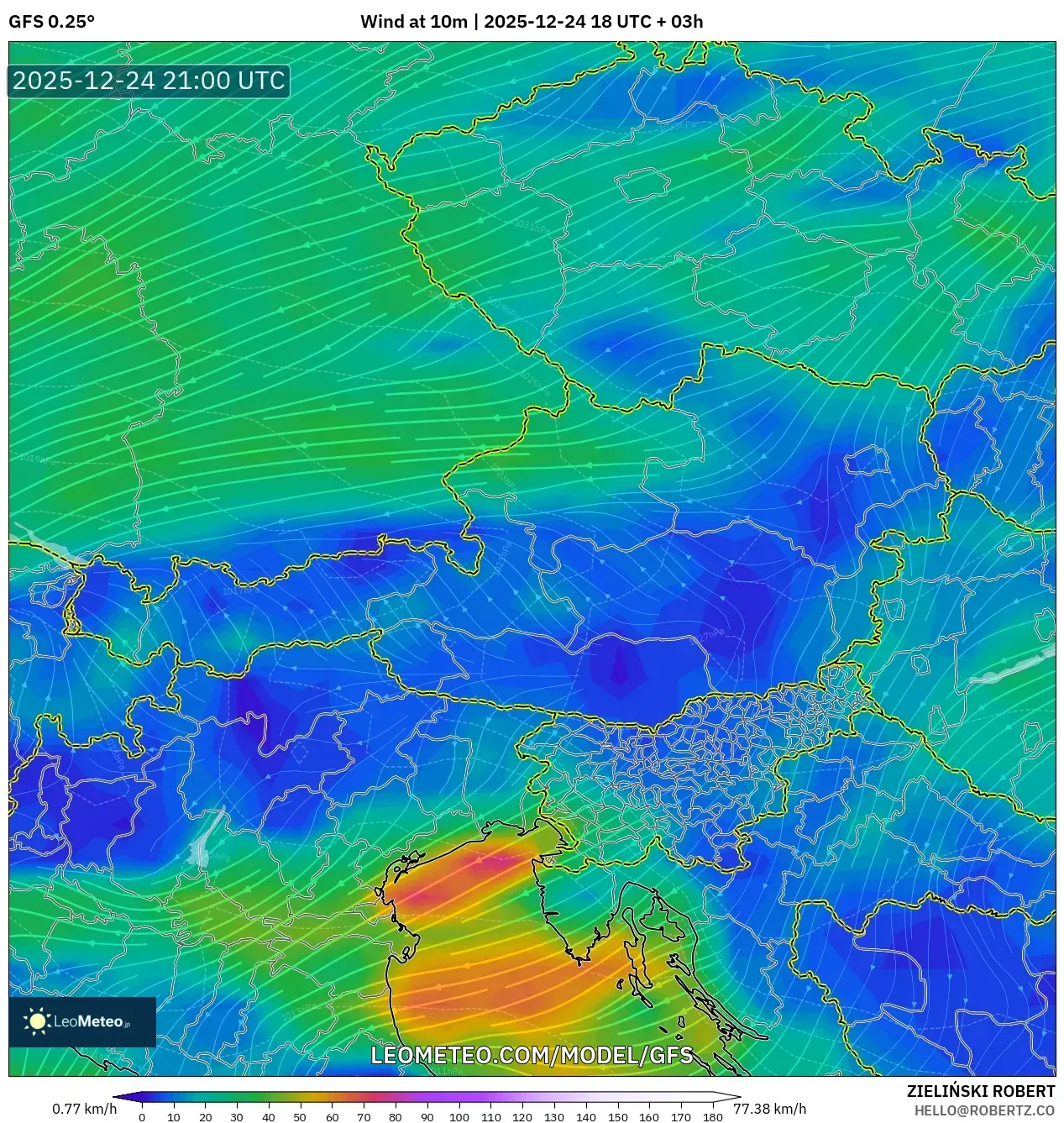 GFS model - Austria, Wind at 10m