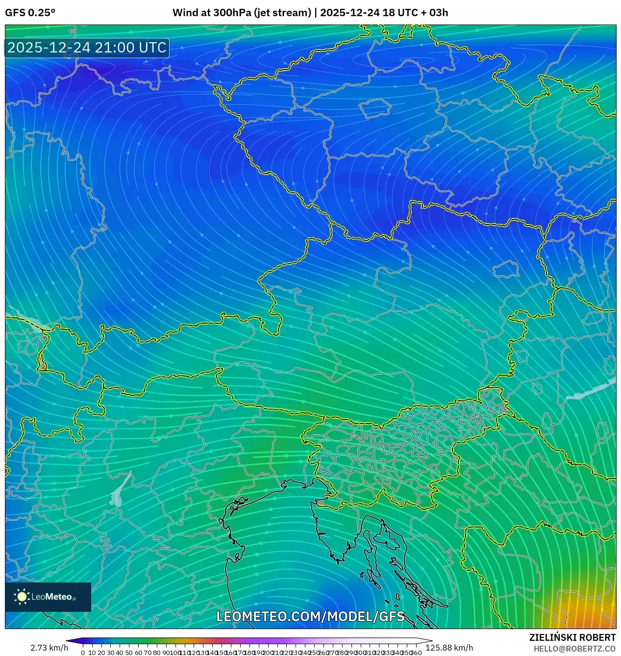 GFS model - Austria, Wind at 300hPa (jet stream)