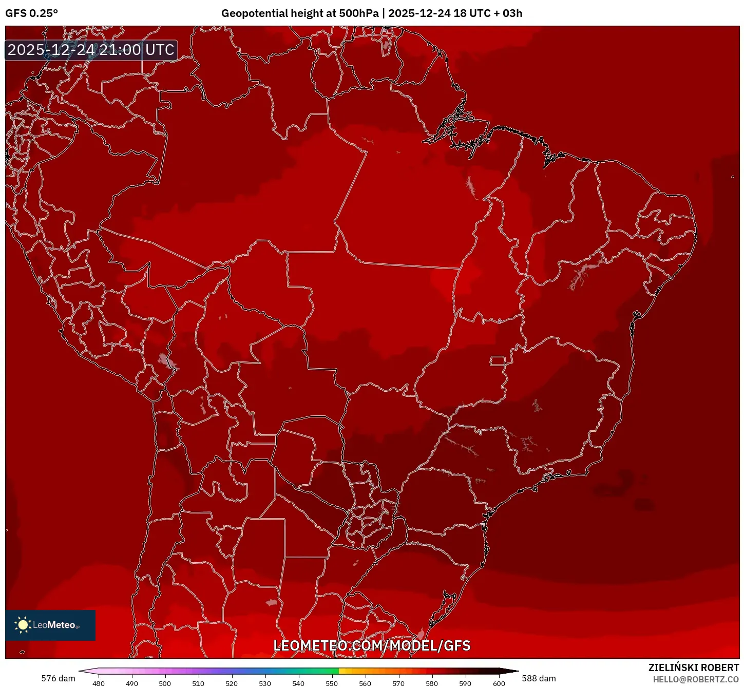 GFS model - Brazil, Geopotential height at 500hPa