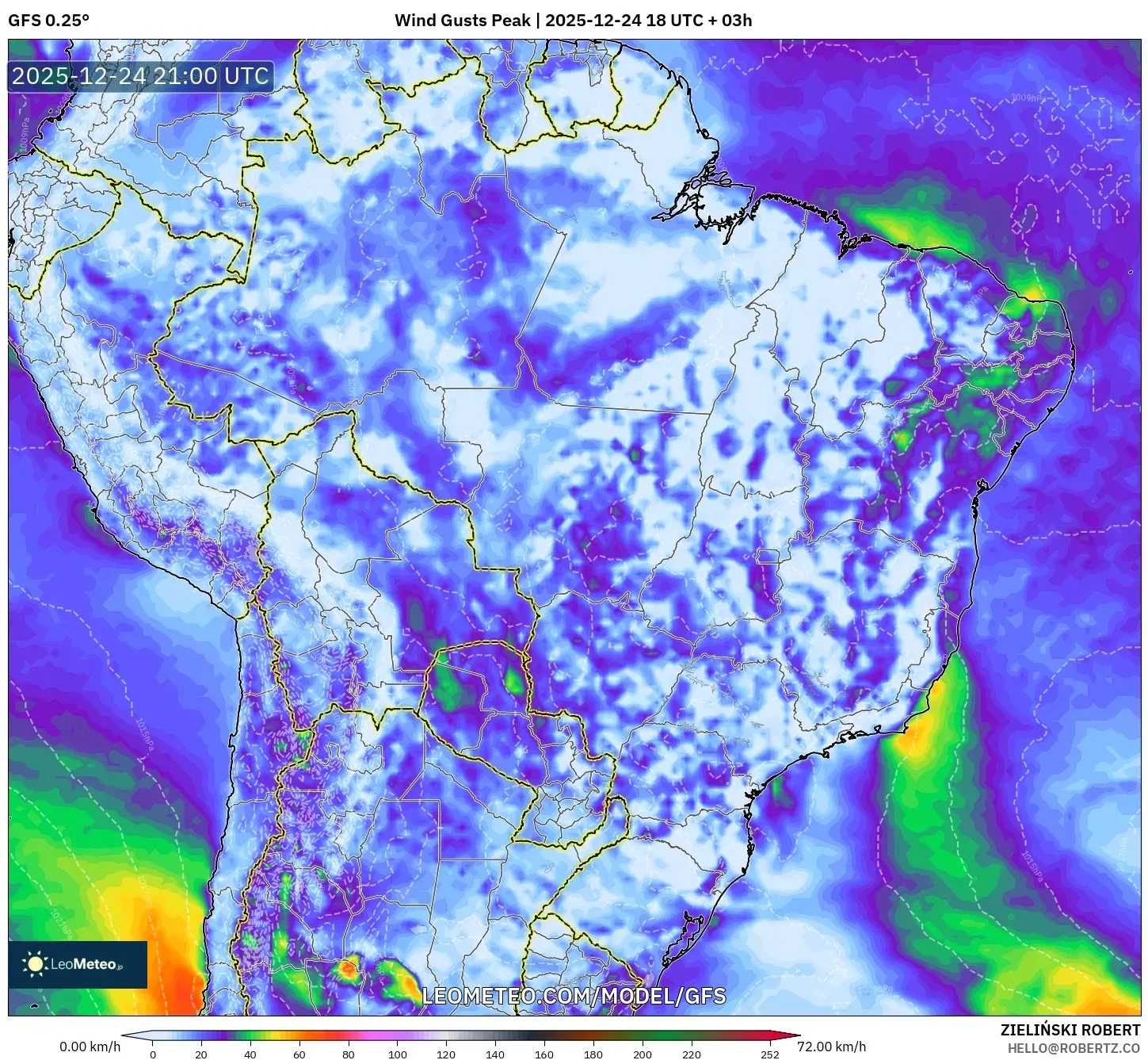 GFS model - Brazil, Wind Gusts Peak