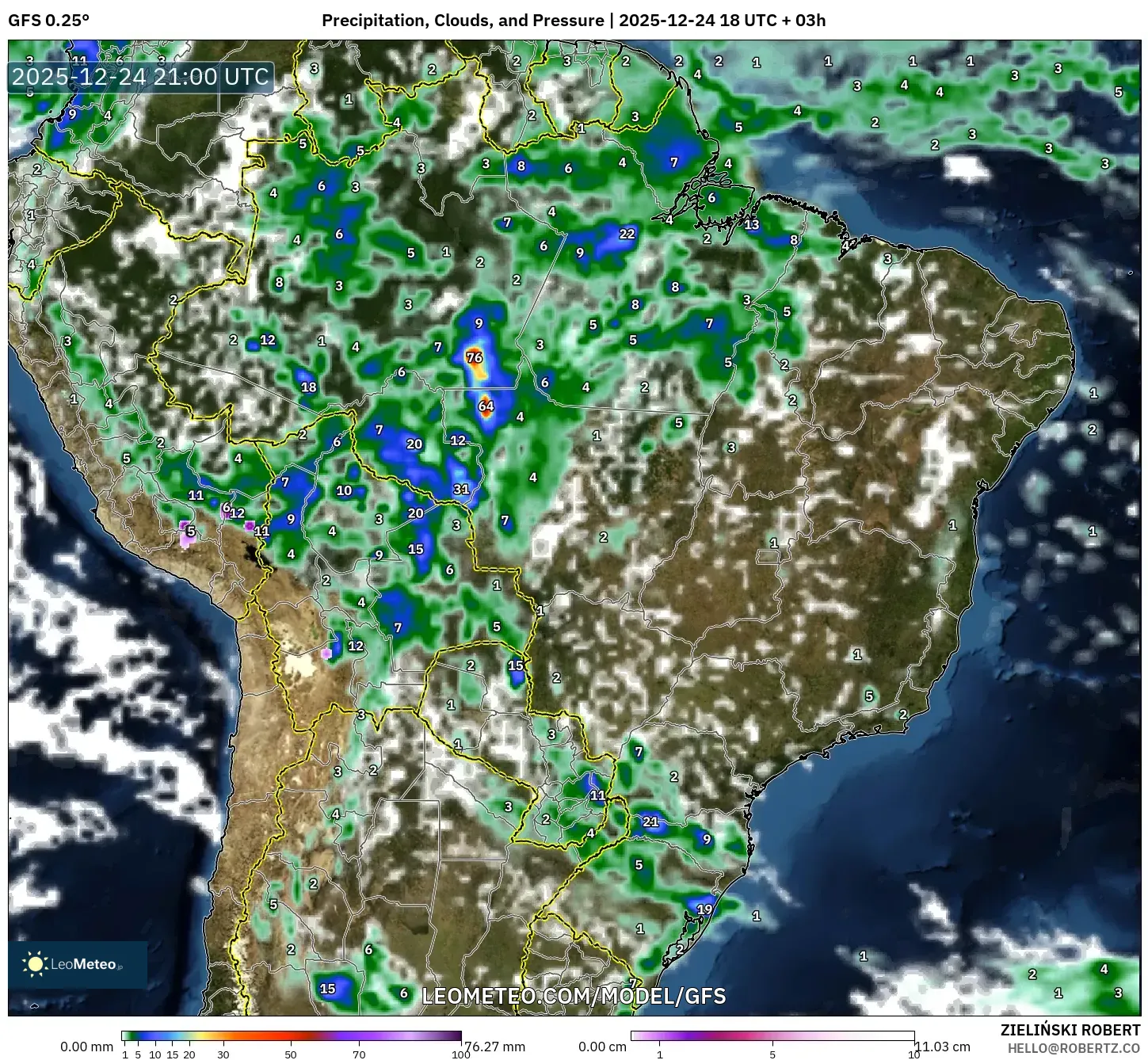 GFS model - Brazil, Precipitation, Clouds, and Pressure