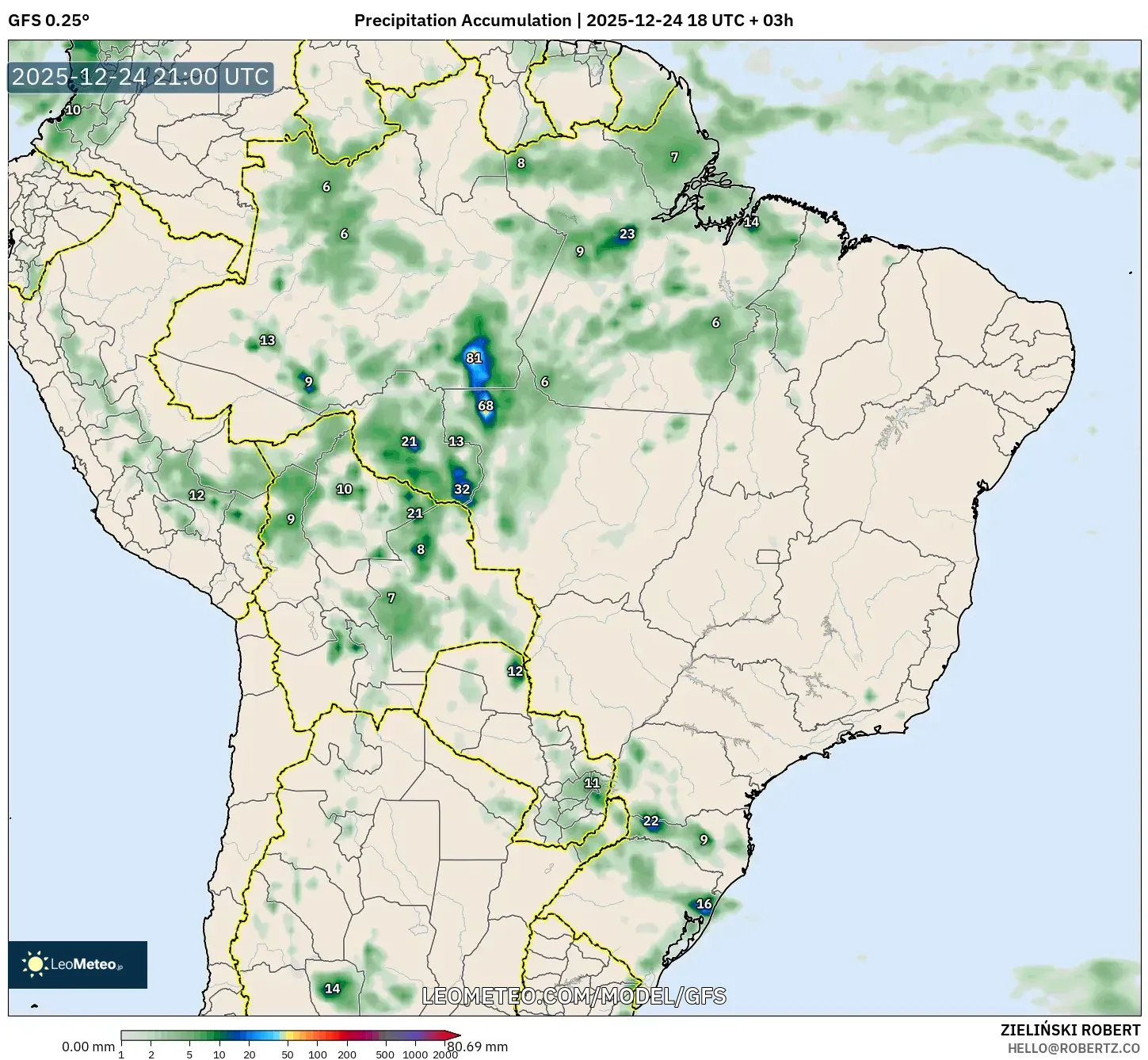GFS model - Brazil, Precipitation Accumulation