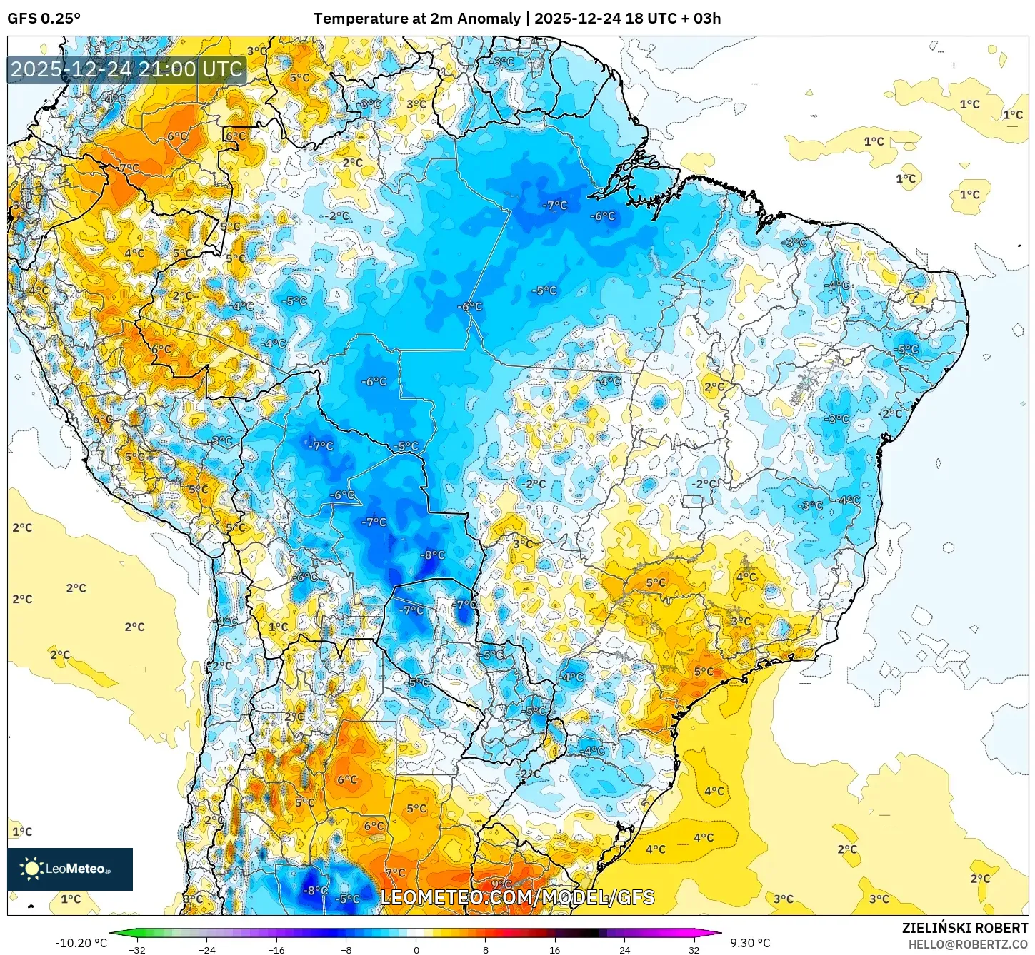 GFS model - Brazil, Temperature at 2m Anomaly