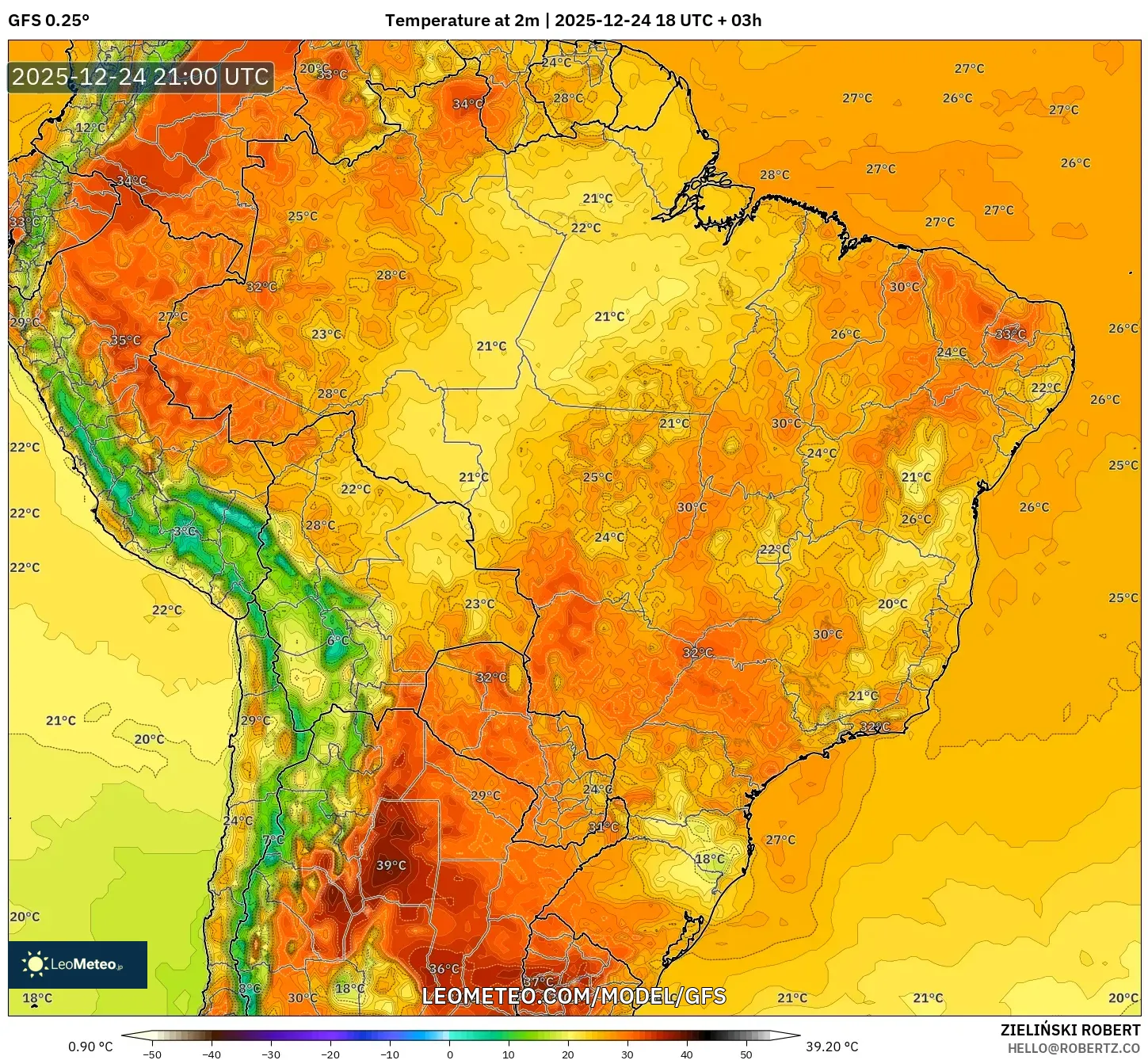 GFS model - Brazil, Temperature at 2m