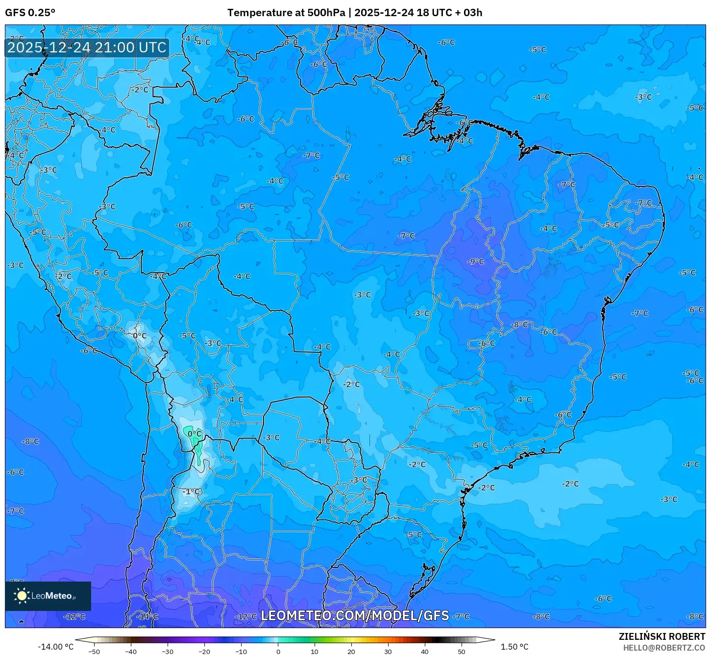 GFS model - Brazil, Temperature at 500hPa