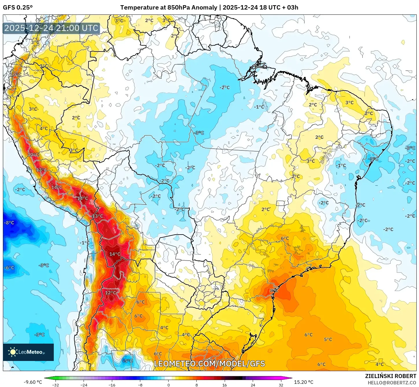 GFS model - Brazil, Temperature at 850hPa Anomaly