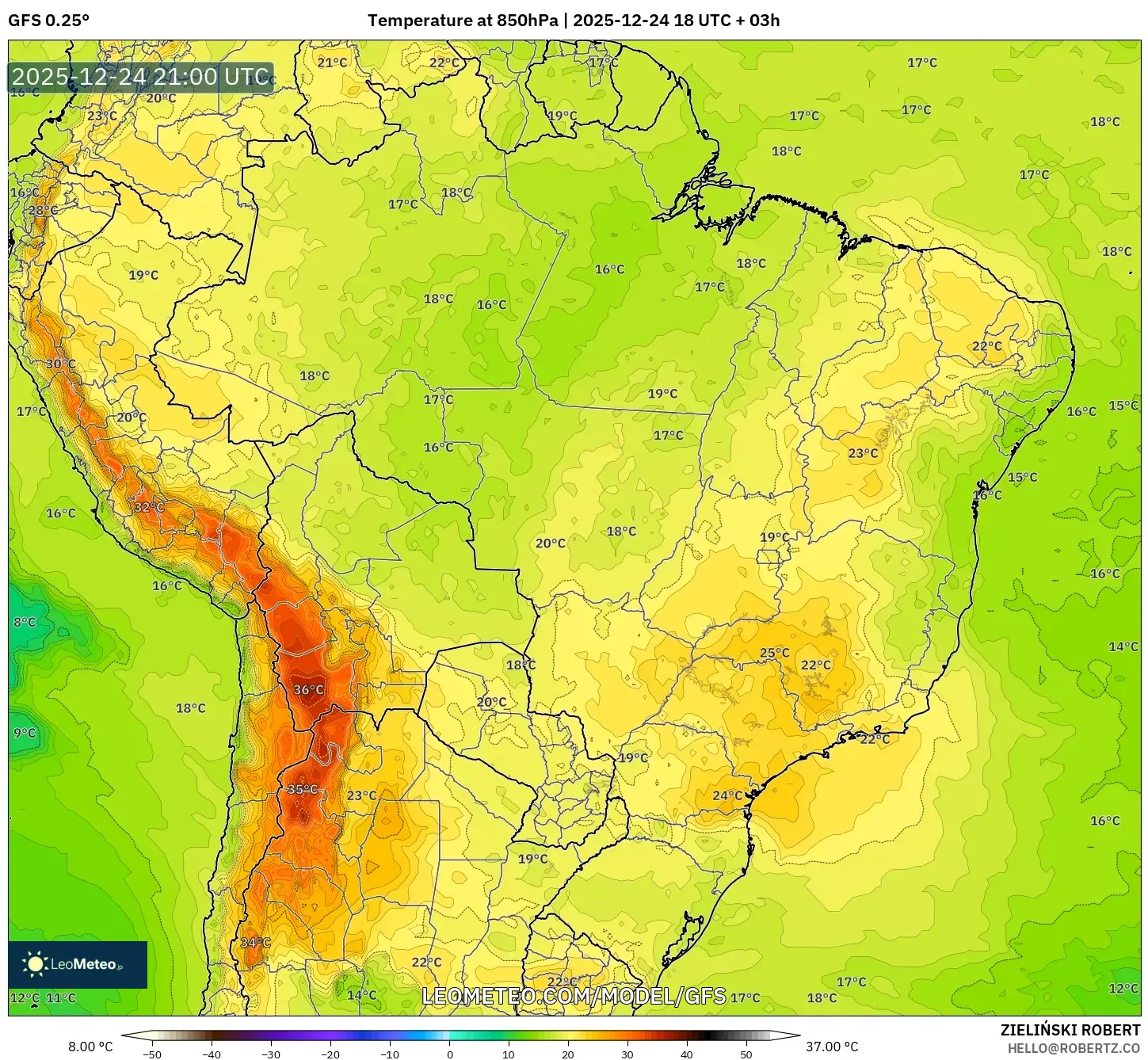 GFS model - Brazil, Temperature at 850hPa