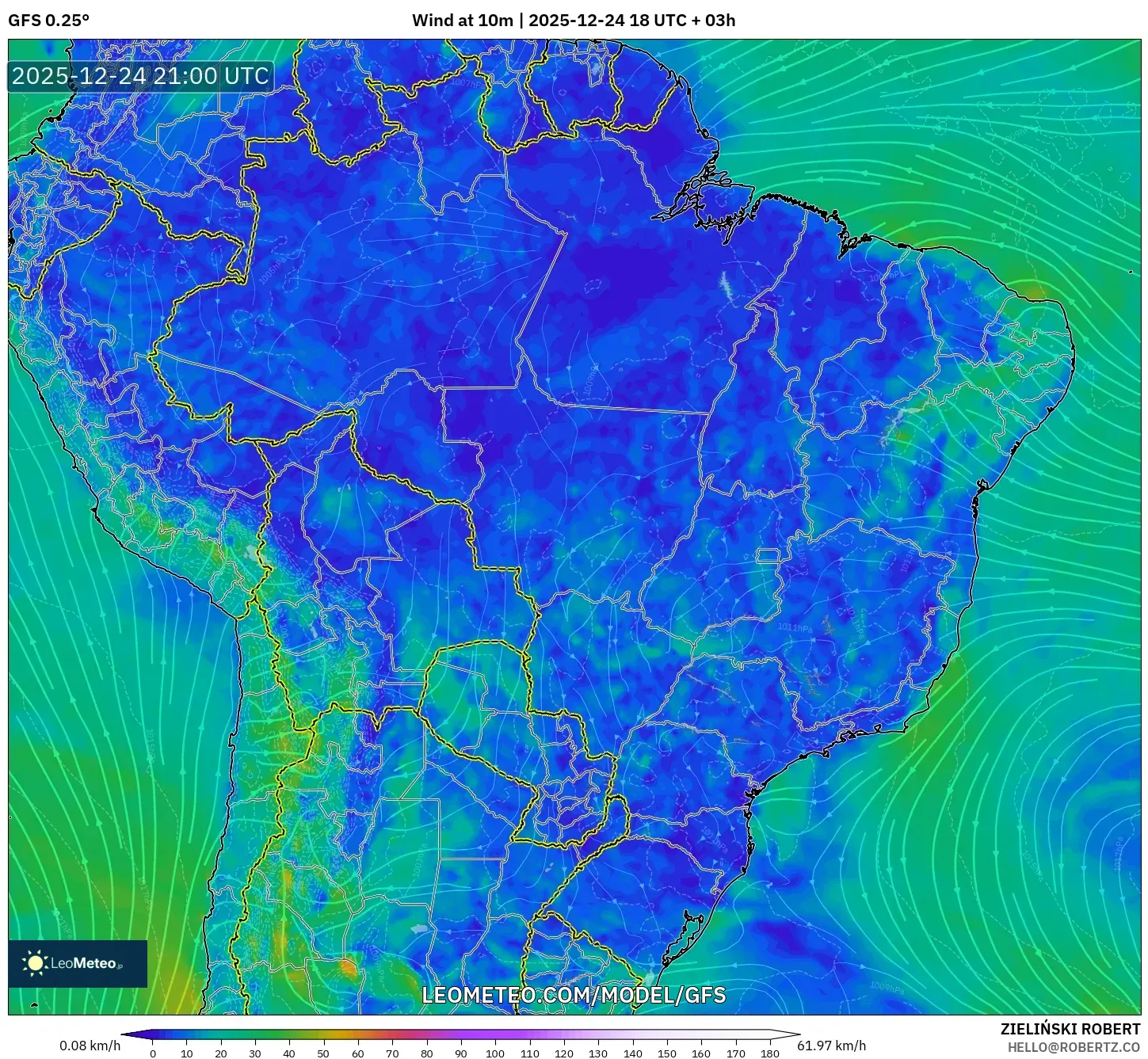 GFS model - Brazil, Wind at 10m