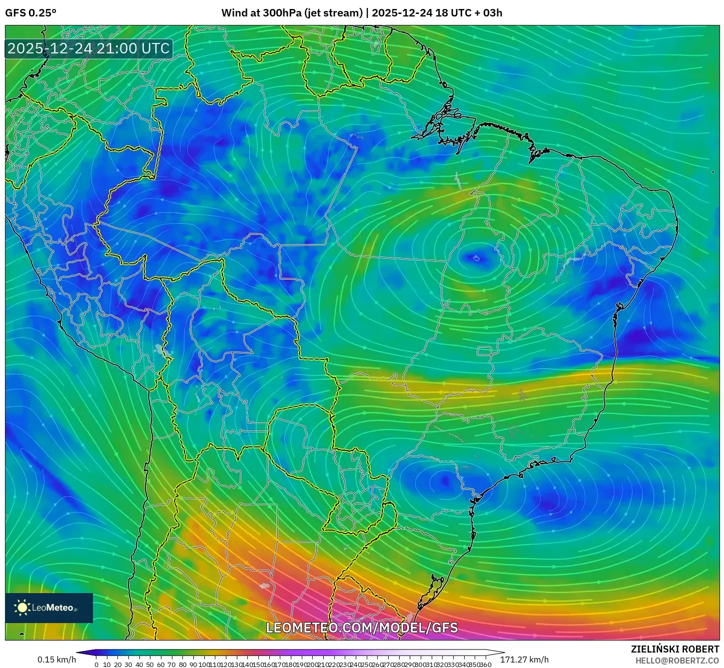GFS model - Brazil, Wind at 300hPa (jet stream)