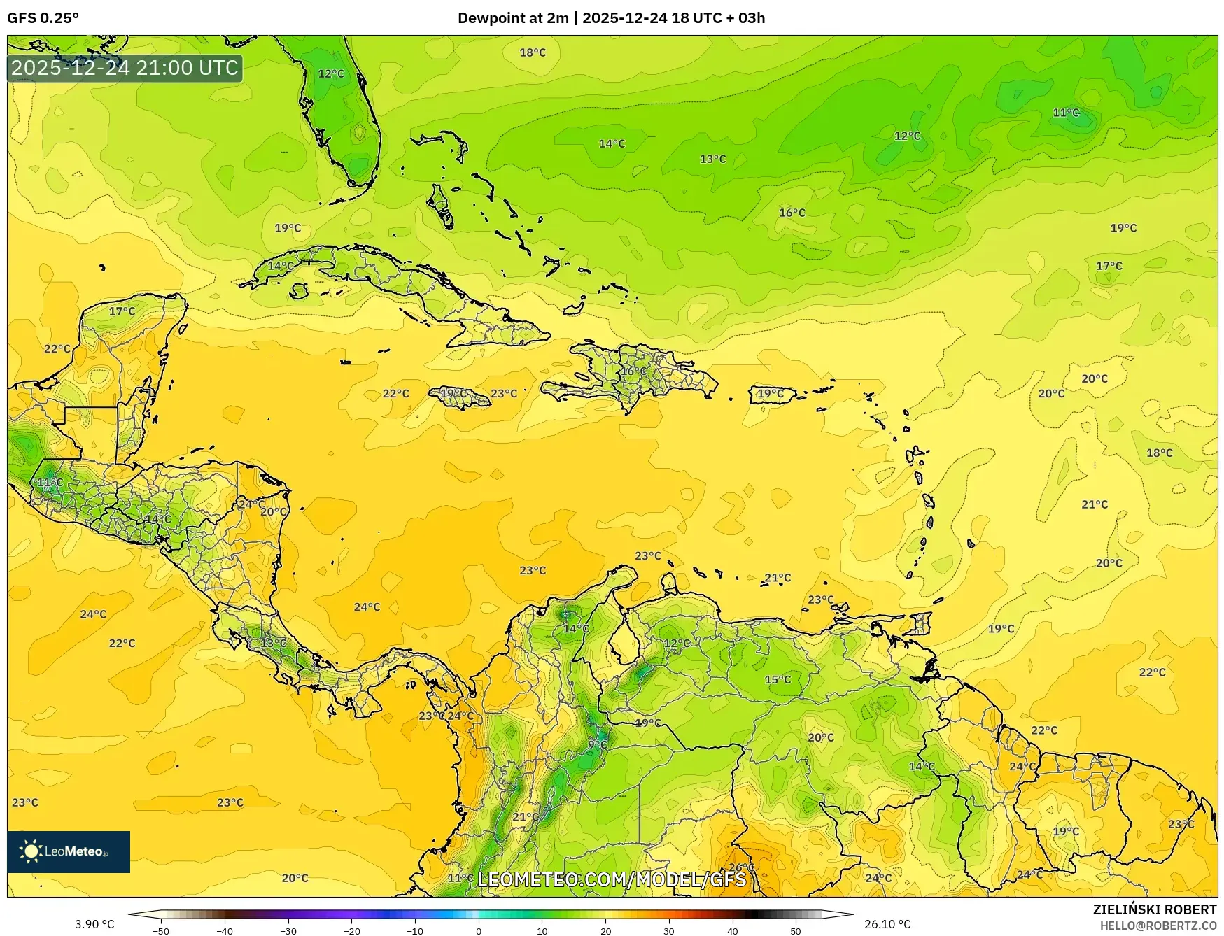 GFS model - Caribbean, Dewpoint at 2m