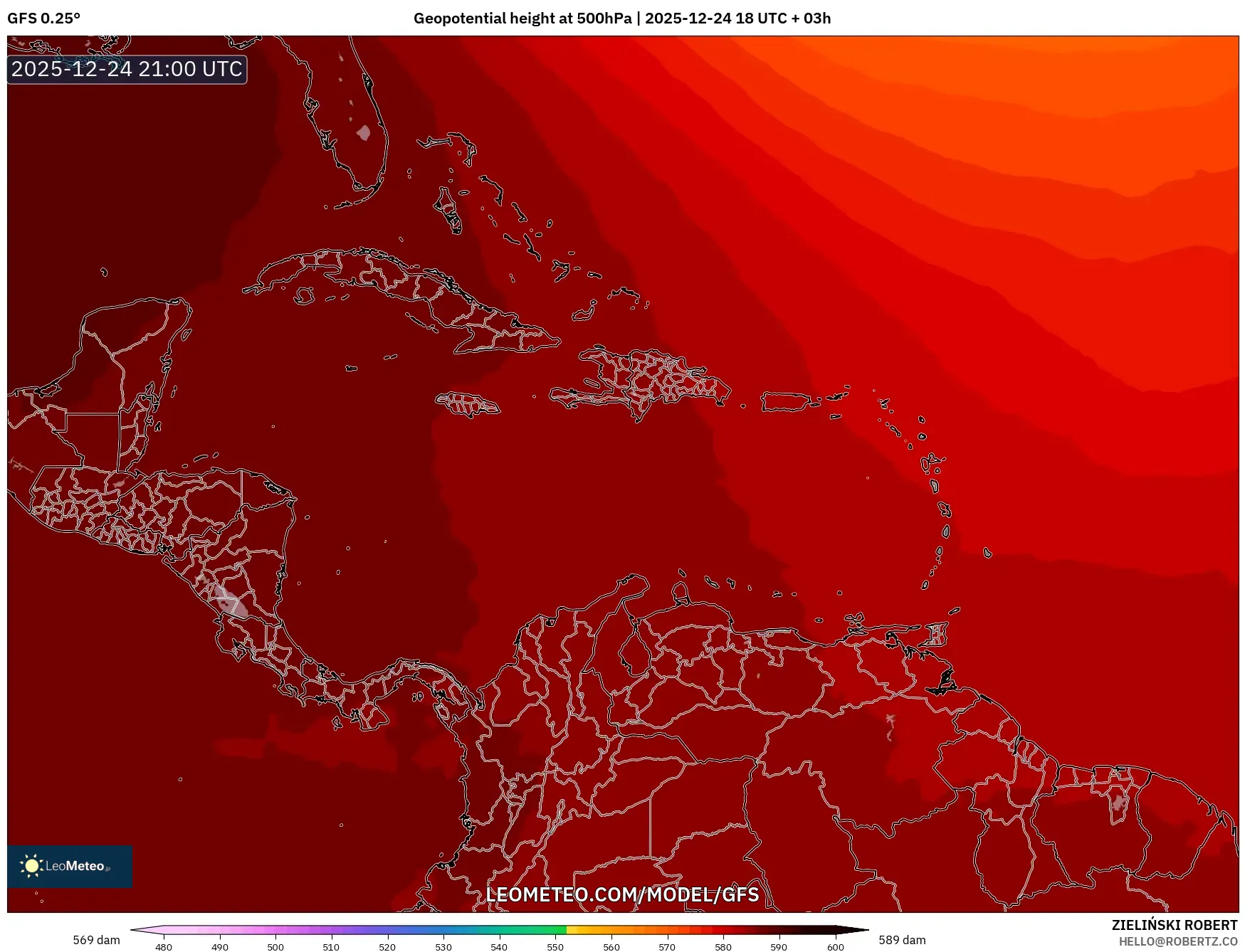 GFS model - Caribbean, Geopotential height at 500hPa