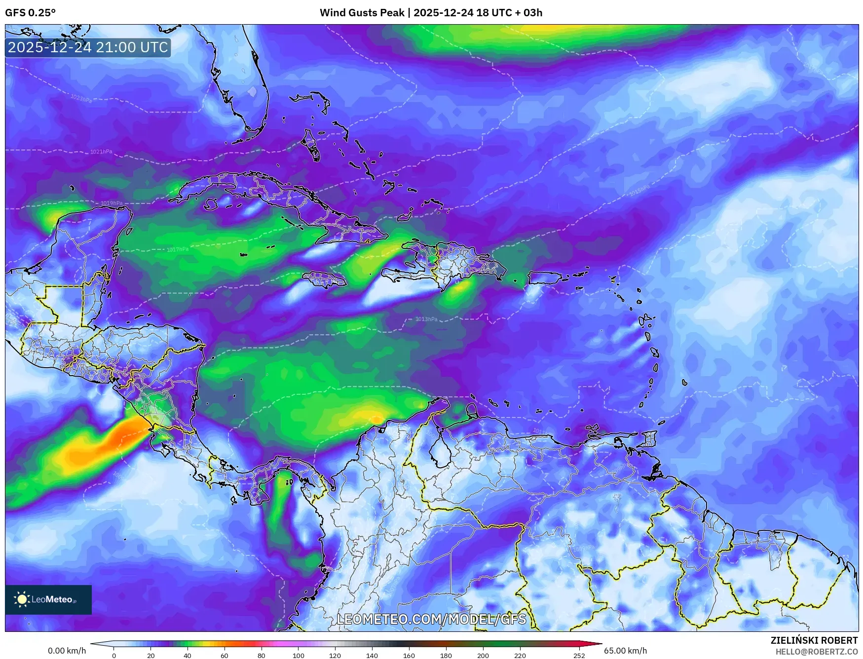 GFS model - Caribbean, Wind Gusts Peak