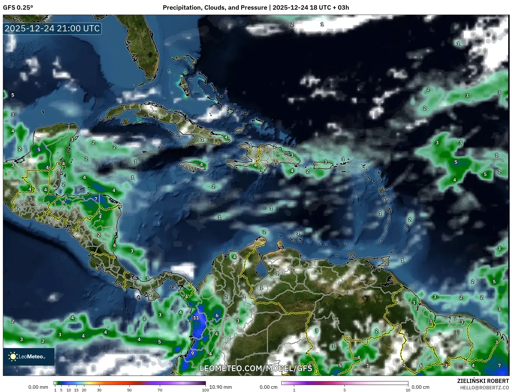 GFS model - Caribbean, Precipitation, Clouds, and Pressure