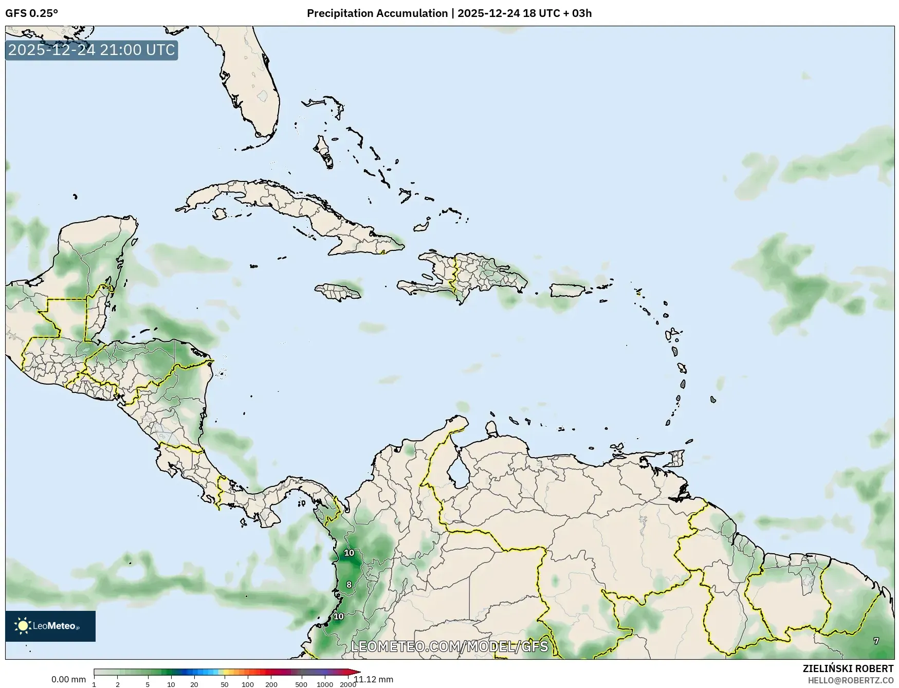 GFS model - Caribbean, Precipitation Accumulation