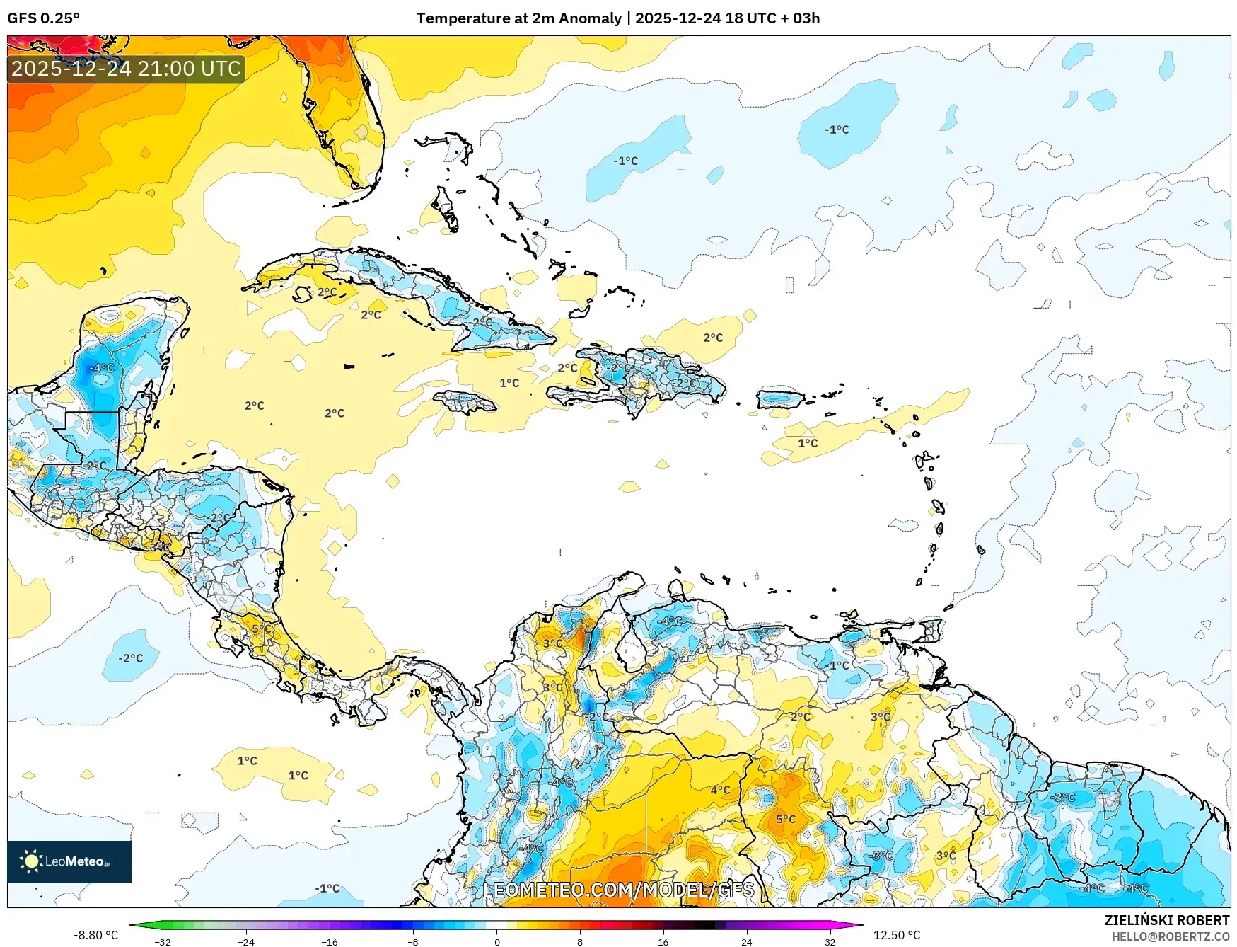 GFS model - Caribbean, Temperature at 2m Anomaly