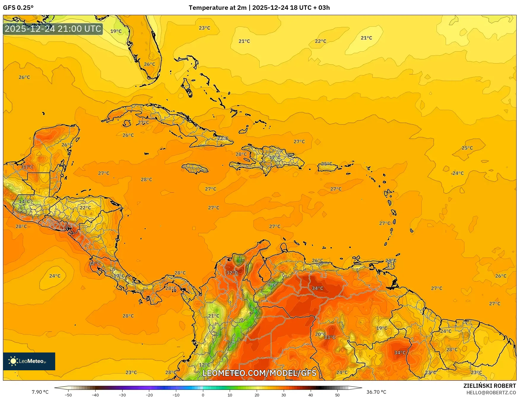 GFS model - Caribbean, Temperature at 2m