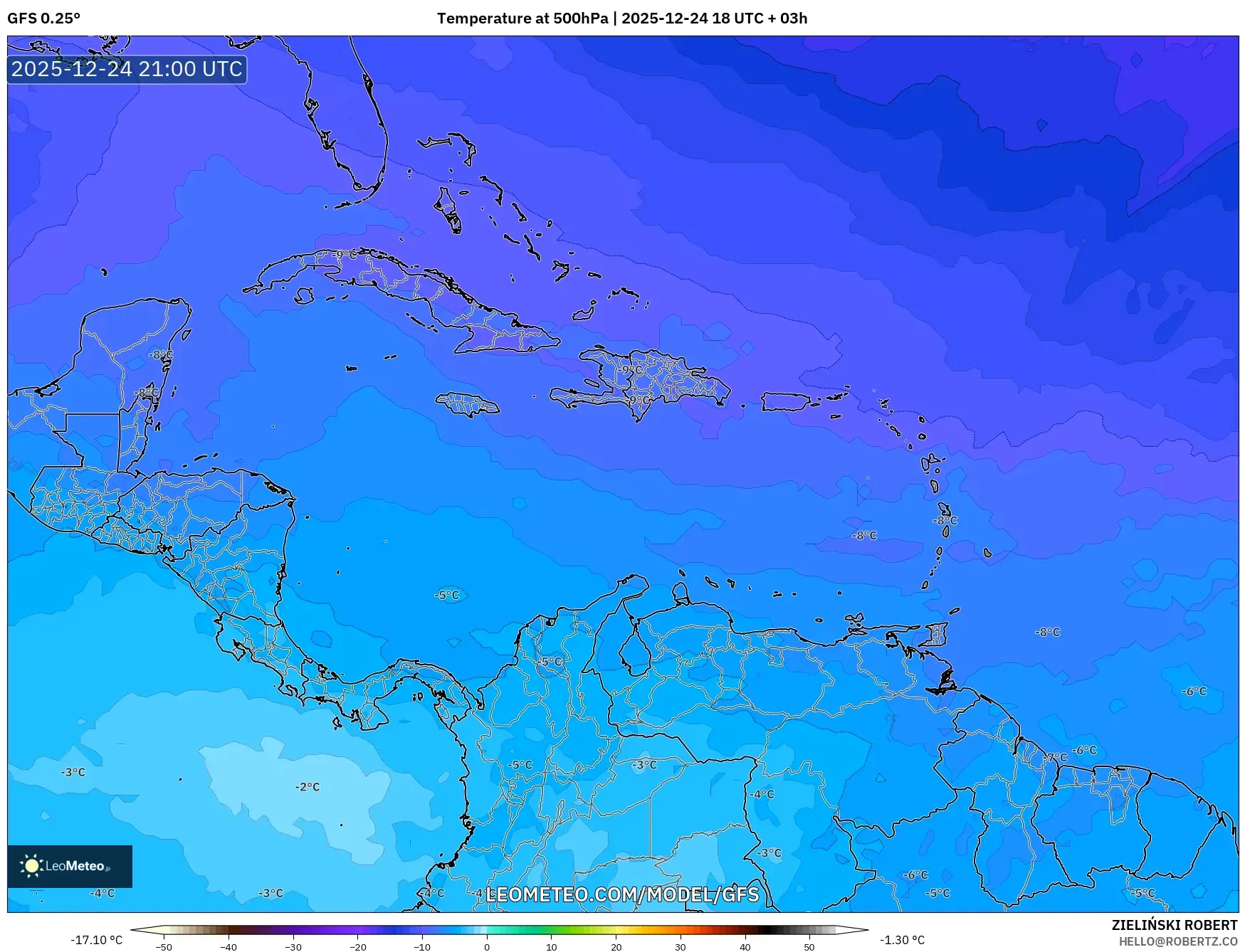 GFS model - Caribbean, Temperature at 500hPa