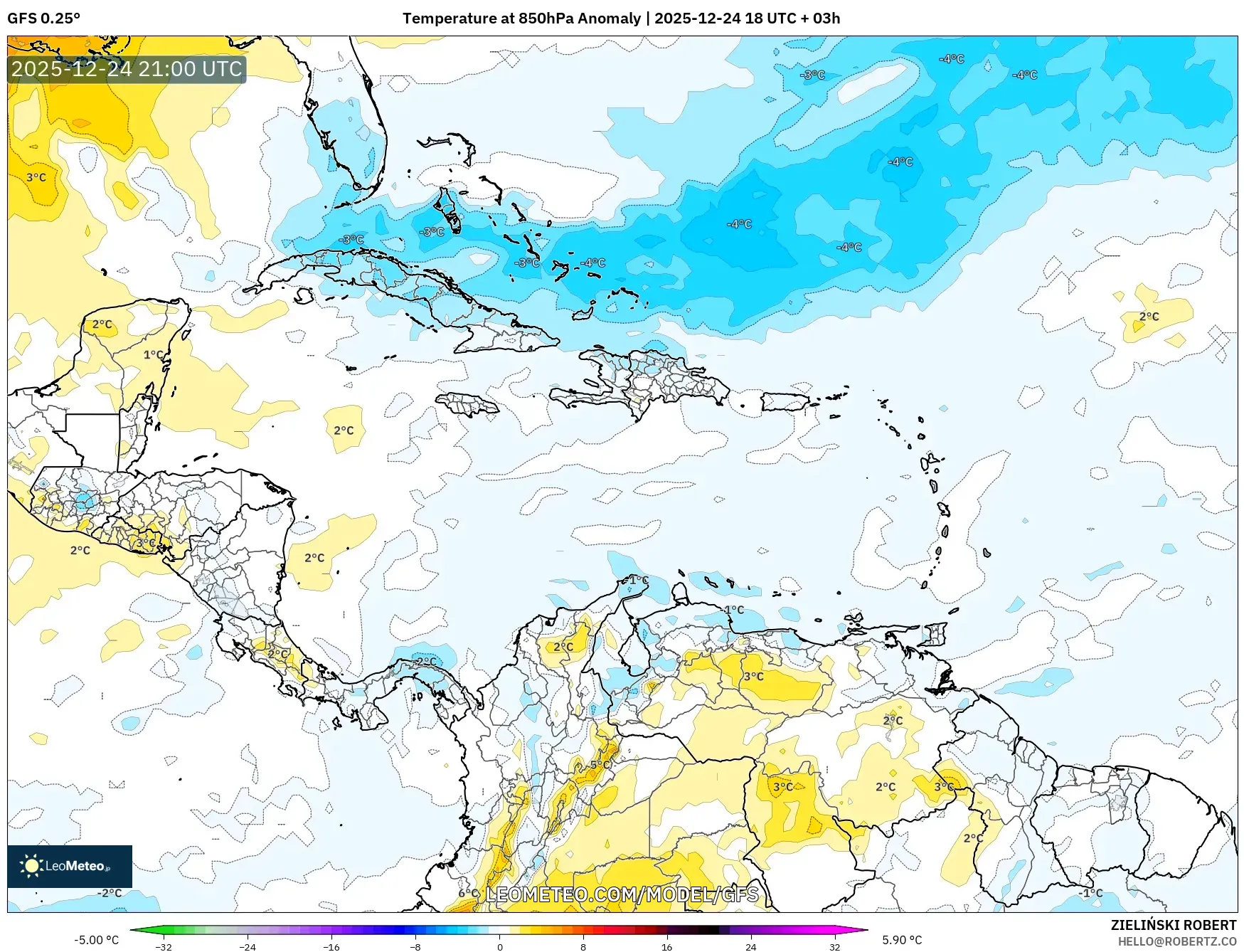 GFS model - Caribbean, Temperature at 850hPa Anomaly