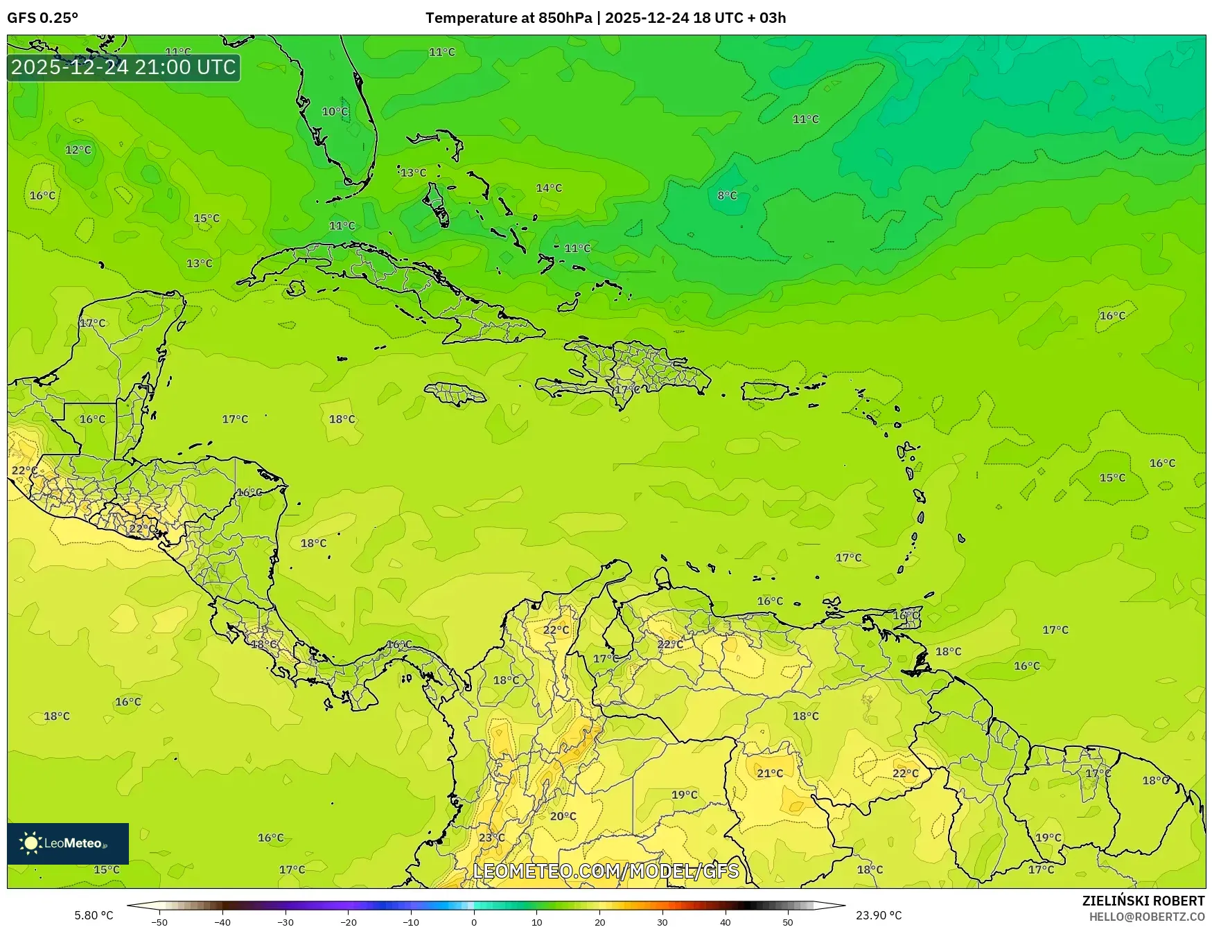 GFS model - Caribbean, Temperature at 850hPa