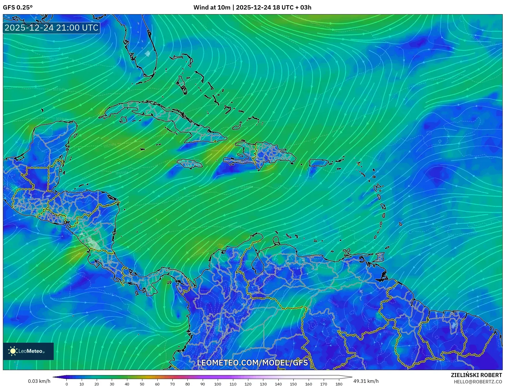 GFS model - Caribbean, Wind at 10m