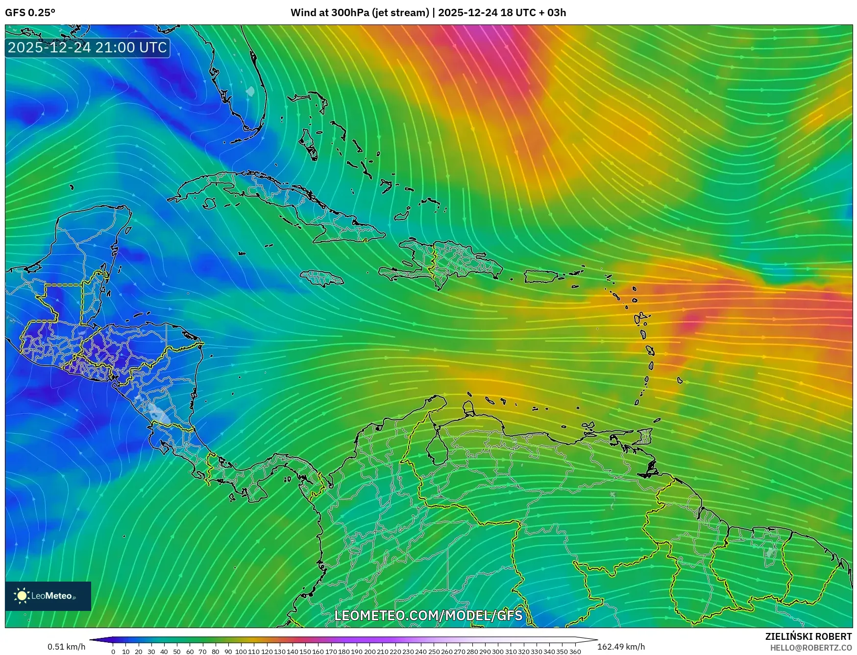GFS model - Caribbean, Wind at 300hPa (jet stream)